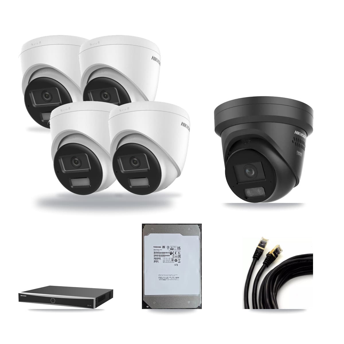 Hikvision 16-Channel 4K CCTV Kit — 4 DS-2CD1383G2 + 1 Black DS-2CD2387G3 Turret Cameras + 14TB Recording - Image 1
