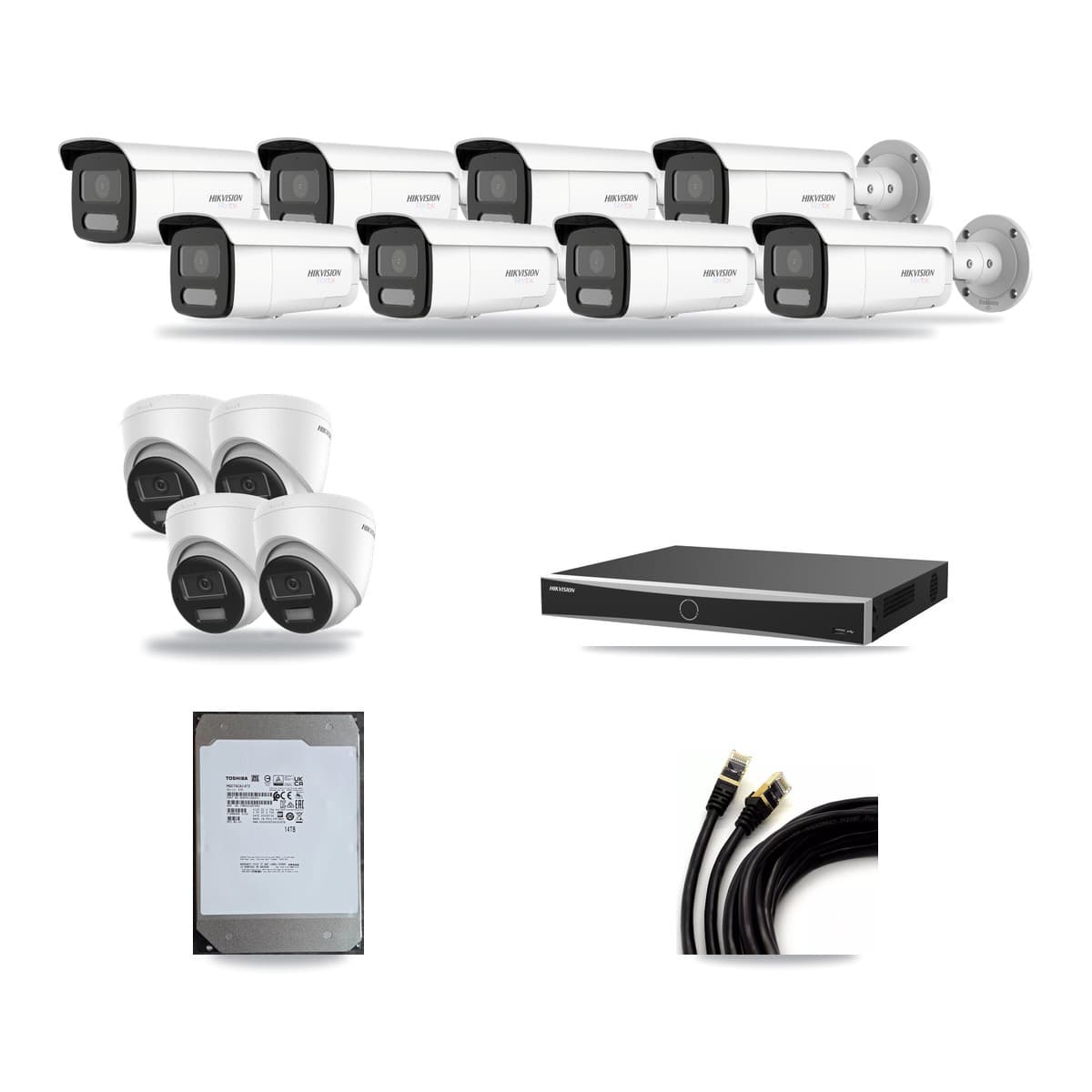 Hikvision 16-Channel 4K CCTV Kit — 4 DS-2CD1383G2-LIUF/SL Turret + 8 White DS-2CD2T87G2H-LISU/SL-2.8MM-W Bullet Cameras + 14TB Recording (DS-7616NXI-K2/16P(E) Recorder) - Image 1