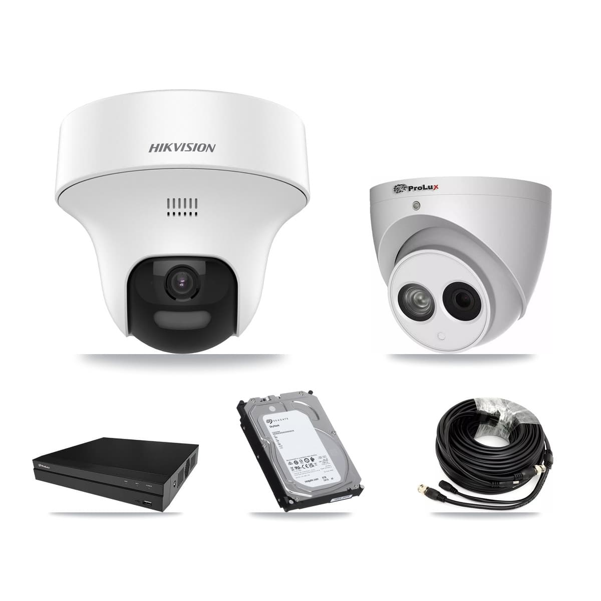 Hikvision & Prolux 8-Channel 4MP – 5MP CCTV Kit — 7 DS-2CE70K0T 5MP + 1 PXC-612C4W-A 4MP Turret Cameras + 2× 6TB Recording