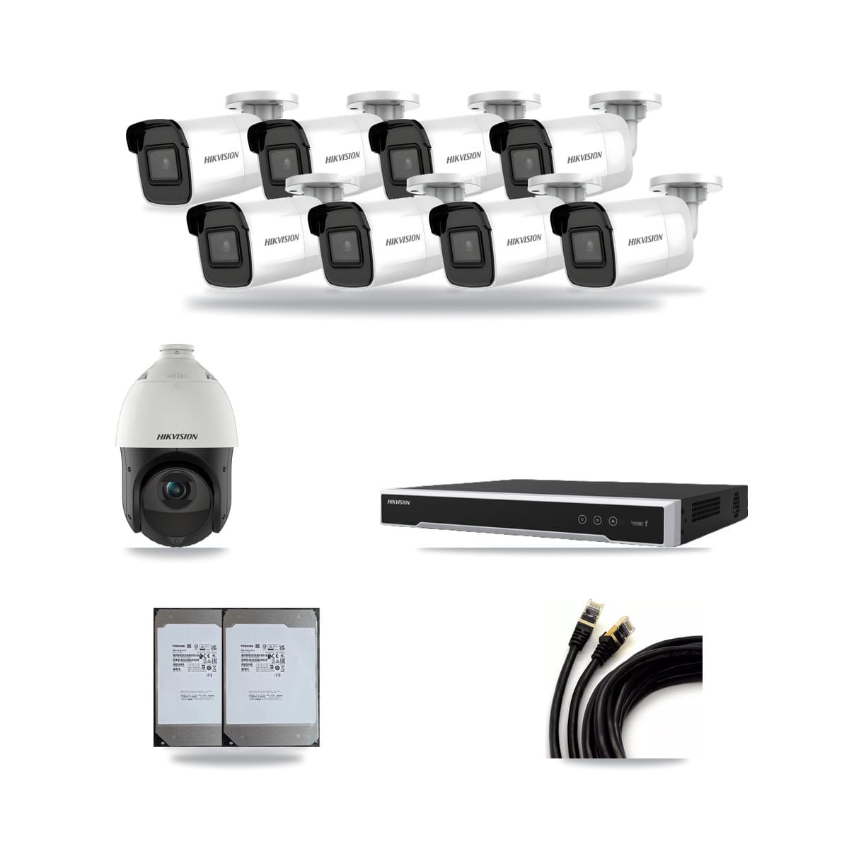 Hikvision 16-Channel 4MP – 4K CCTV Kit — 8 4K Bullet + 1 4MP PTZ Cameras + 2× 14TB Recording (DS-7616NI-M2 Recorder) - Image 1