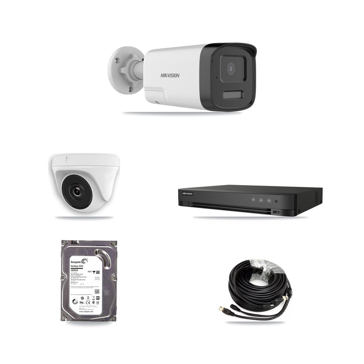 Hikvision 4-Channel 2MP – 5MP CCTV Kit — 1 DS-2CE17K0T 5MP Bullet + 1 White HDT-2MP-N20W 2MP Dome Cameras + 2TB Recording (IDS-7204HUHI Recorder)