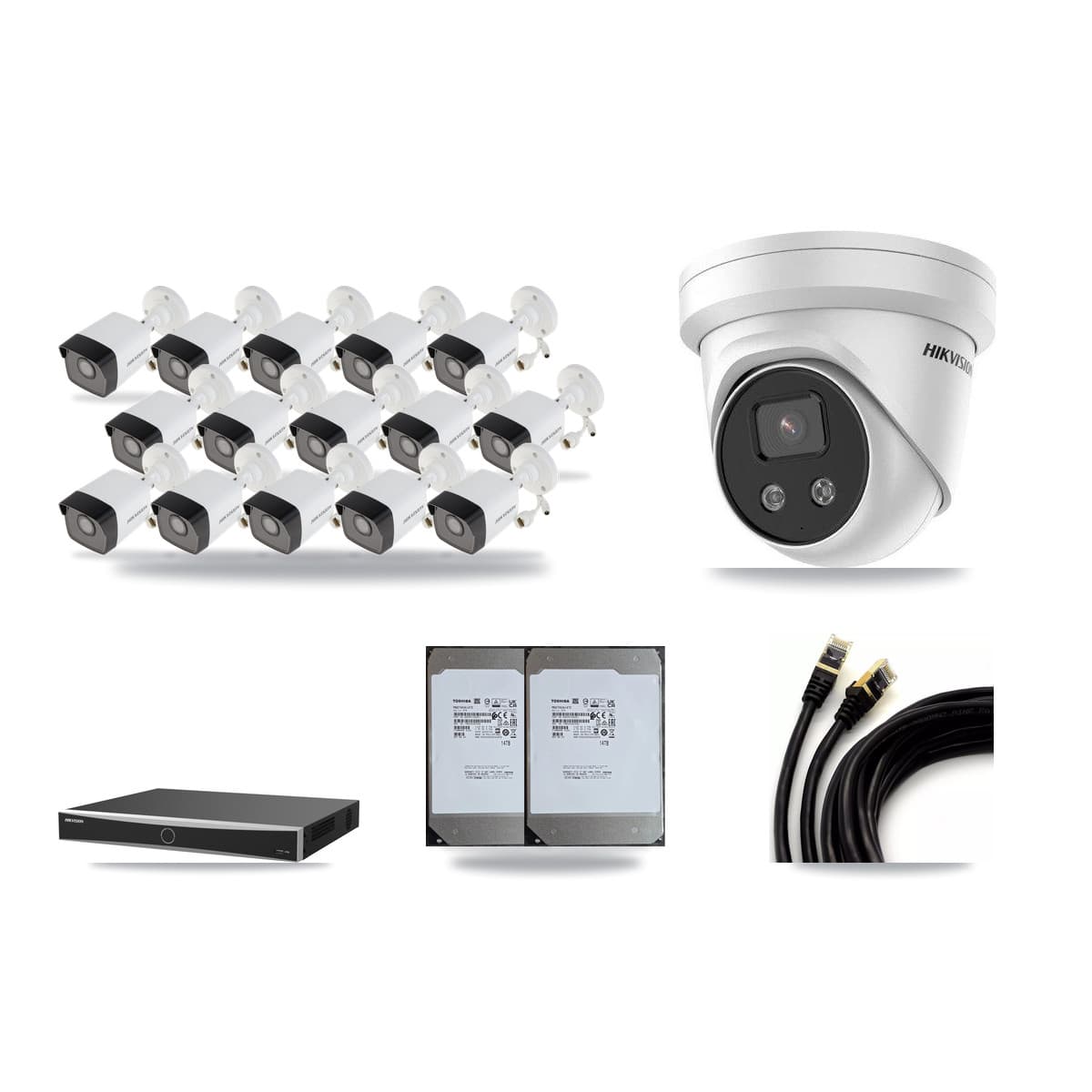 Hikvision 16-Channel 5MP CCTV Kit — 15 Bullet + 1 Turret Cameras + 2× 14TB Recording (DS-7616NXI Recorder) - Image 1