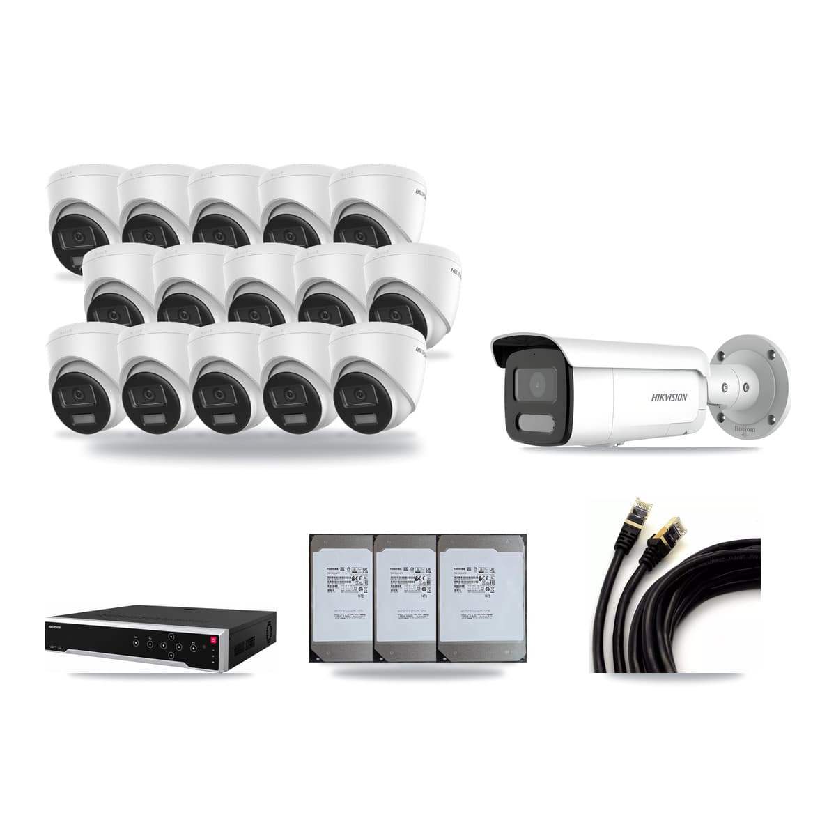Hikvision 32-Channel 4MP – 4K CCTV Kit — 15 DS-2CD1383G2-LIUF/SL 4K Turret + 1 DS-2CD2T47G2H-LISU/SL 4MP Bullet Cameras + 3× 14TB Recording (DS-7732NI-M4/24P Recorder) - Image 1