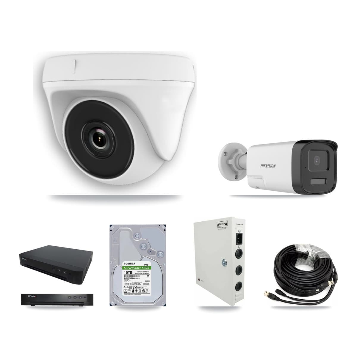 Hikvision & Prolux 16-Channel 2MP – 5MP CCTV Kit — 4 DS-2CE17K0T 5MP Bullet + 9 White HDT-2MP-N20W 2MP Dome Cameras + 10TB Recording