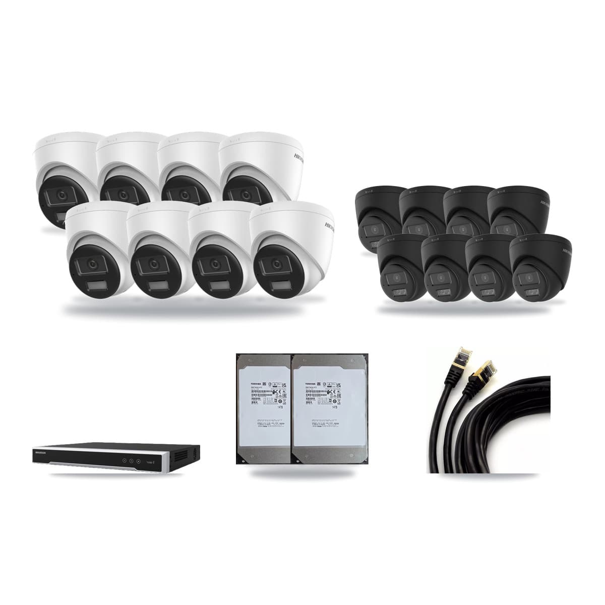 Hikvision 16-Channel 4K CCTV Kit — 8 DS-2CD1383G2 + 8 Black DS-2CD1383G2 Turret Cameras + 2× 14TB Recording - Image 1