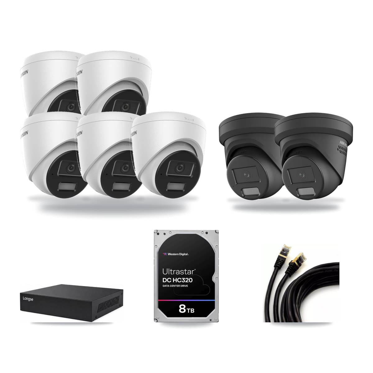 Hikvision & Longse 8-Channel 4MP CCTV Kit — 5 DS-2CD1343G2 + 2 DS-2CD2347G2 Turret Cameras + 8TB Recording - Image 1