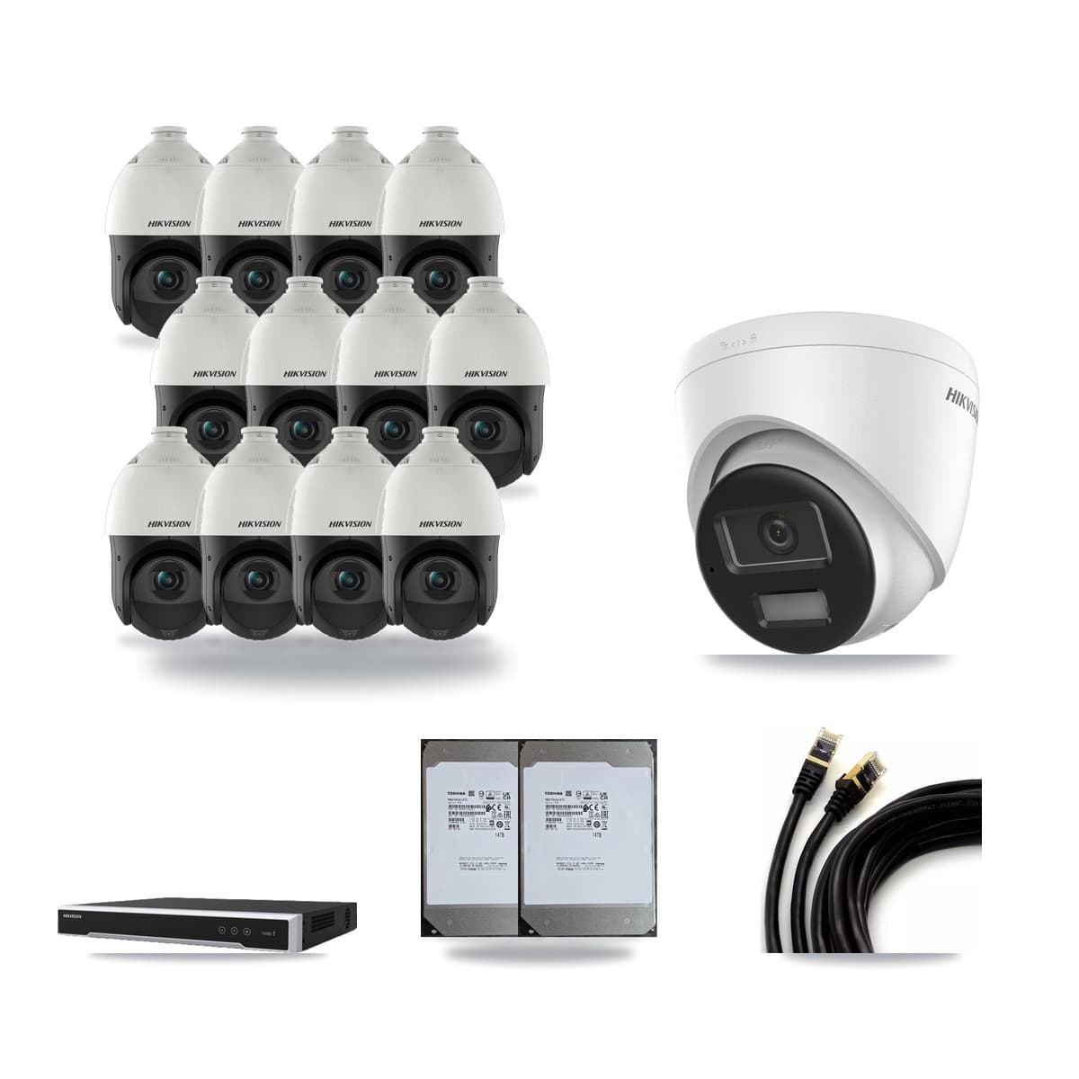 Hikvision 16-Channel 4MP – 4K CCTV Kit — 1 4K Turret + 12 4MP PTZ Cameras + 2× 14TB Recording (DS-7616NI-M2 Recorder) - Image 1