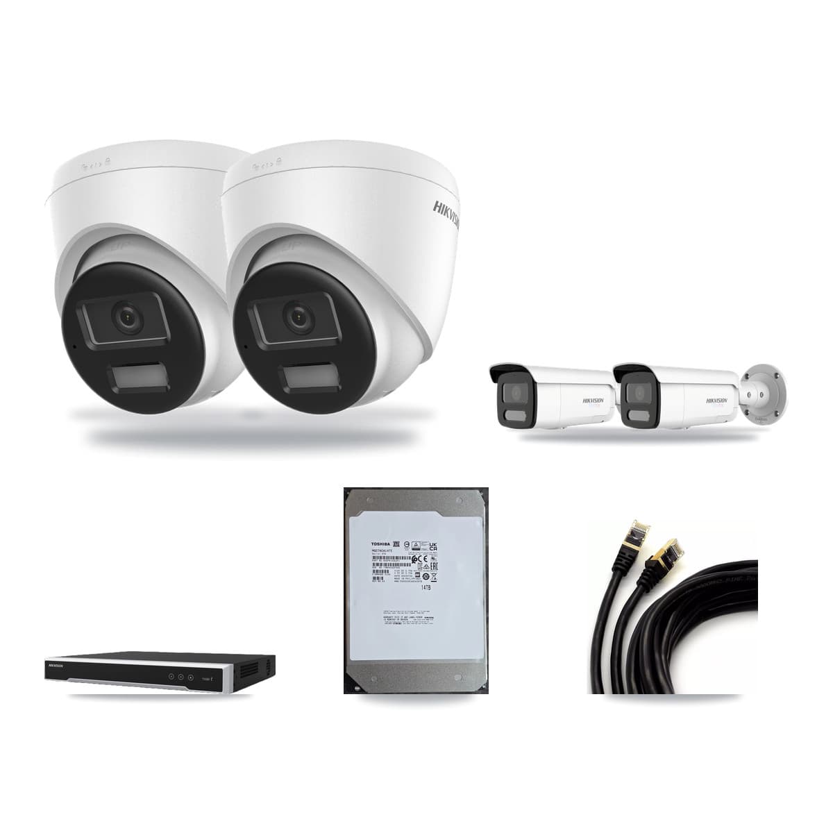 Hikvision 8-Channel 4K CCTV Kit — 2 DS-2CD1383G2-LIUF/SL Turret + 2 White DS-2CD2T87G2H-LISU/SL-2.8MM-W Bullet Cameras + 14TB Recording (DS-7608NI-M2/8P Recorder) - Image 1
