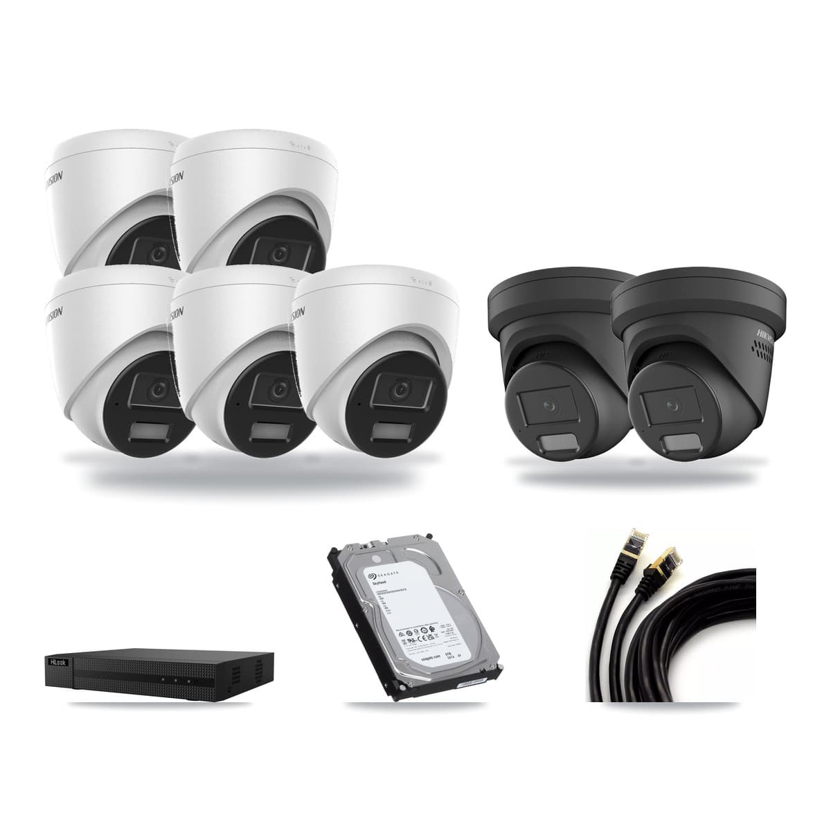 Hikvision & HiLook 8-Channel 4MP CCTV Kit — 5 DS-2CD1343G2 + 2 DS-2CD2347G2 Turret Cameras + 6TB Recording - Image 1