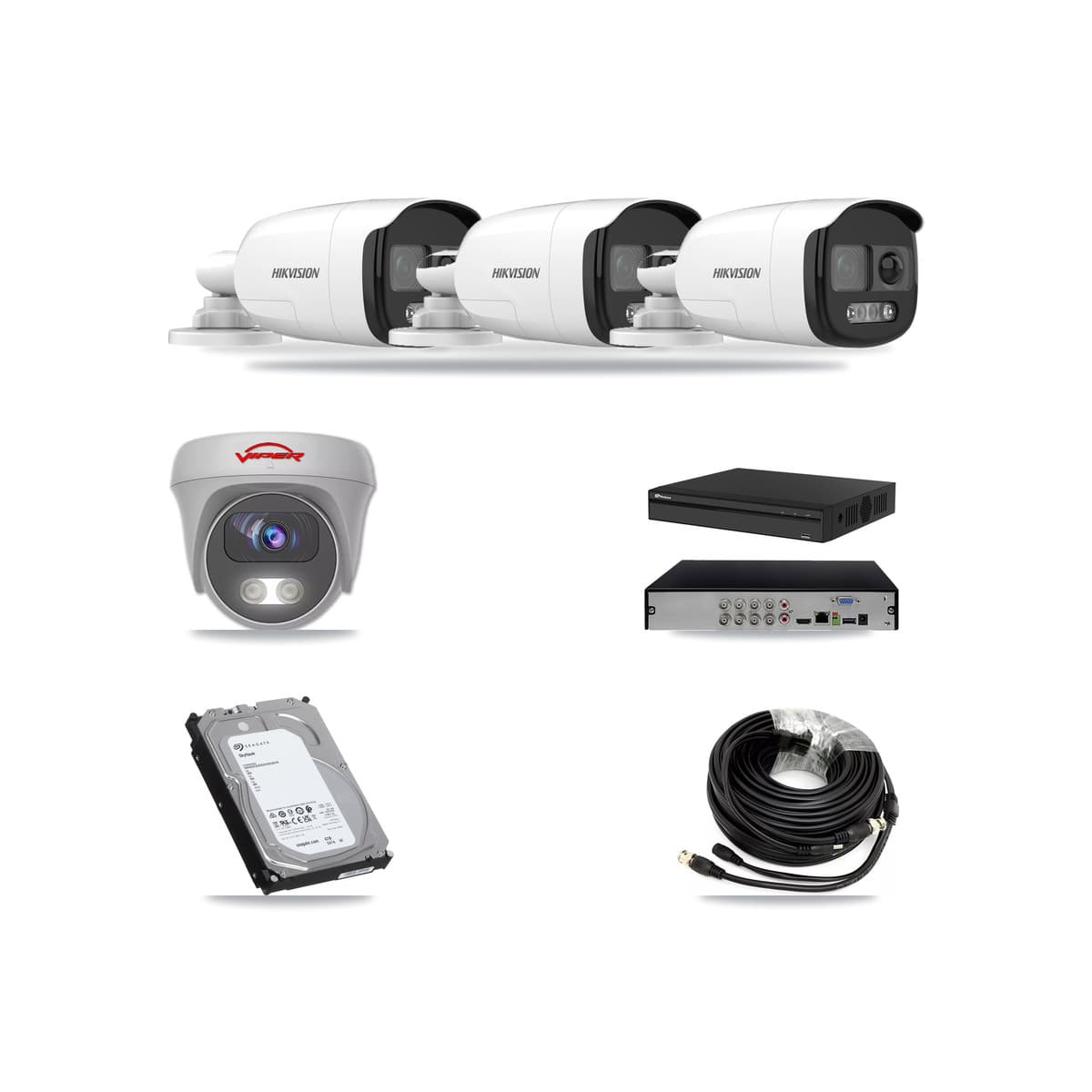 8-Channel 5MP CCTV Kit — 3 DS-2CE12KF3T Bullet + 1 White VIPER-5MP-3K Cameras + 6TB Recording (PXD-5108HS Recorder) - Image 1