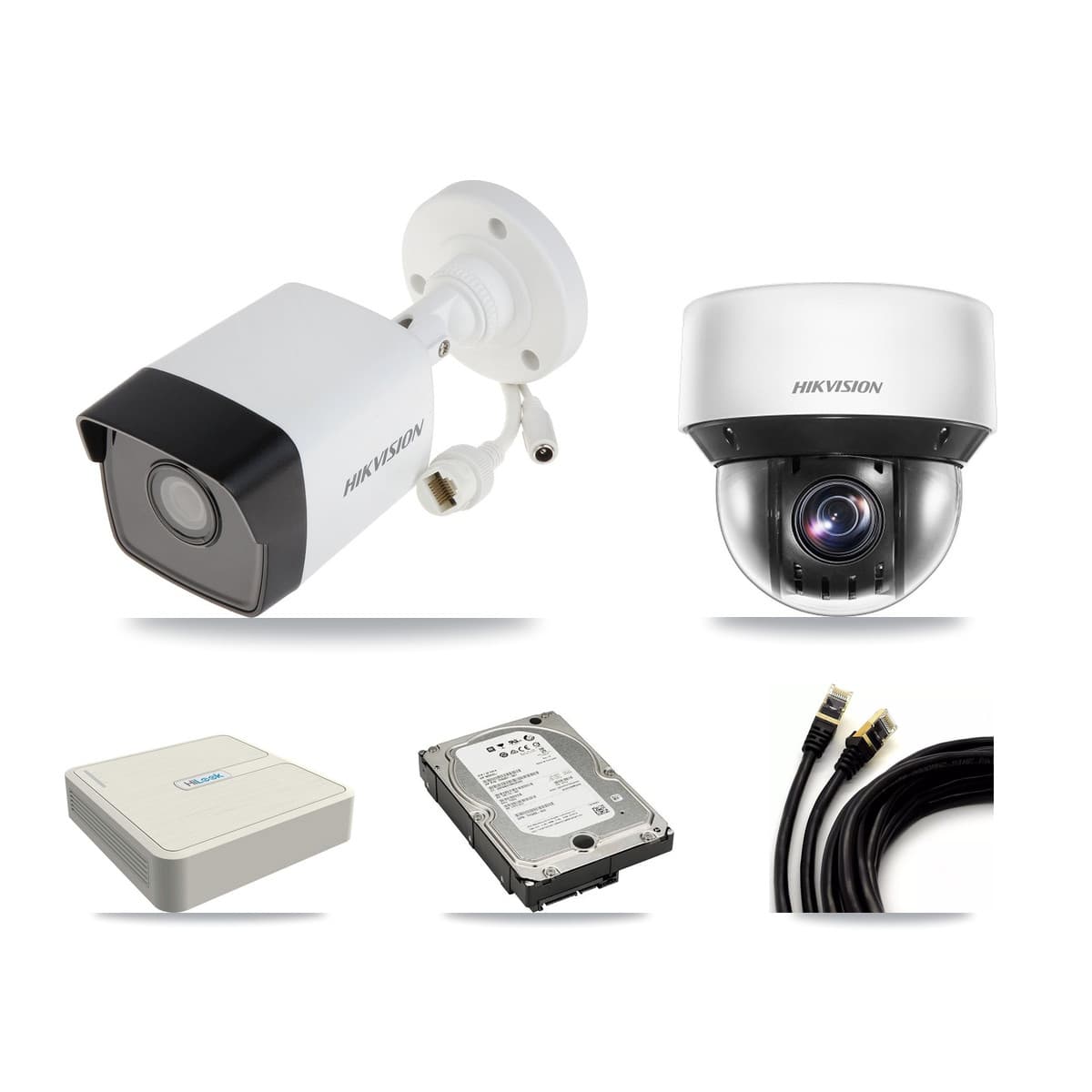 Hikvision & HiLook 8-Channel 4MP – 5MP CCTV Kit — 3 DS-2CD1053G0 5MP Bullet + 1 DS-2DE4A425IW 4MP PTZ Cameras + 5TB Recording