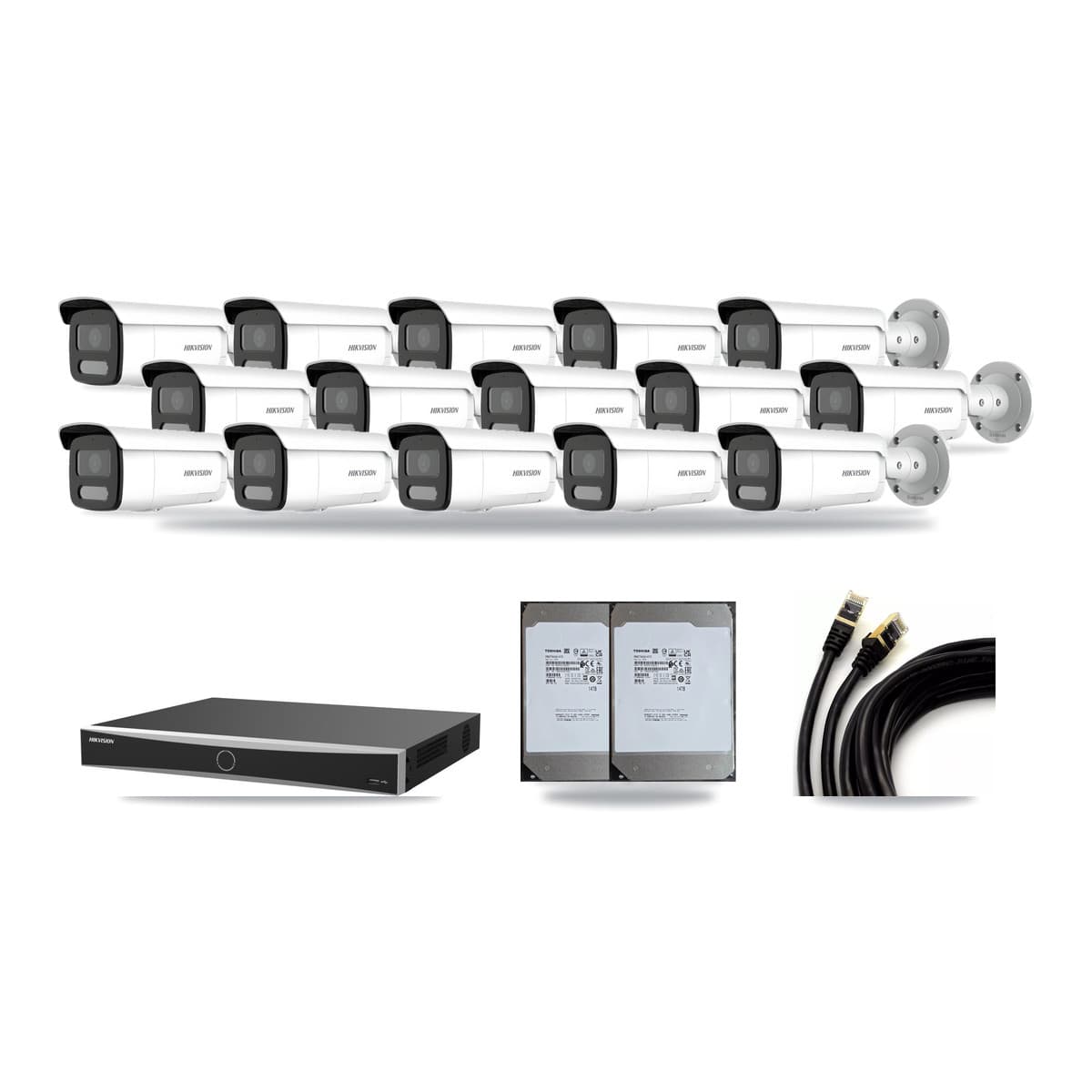Hikvision 16-Channel 4MP – 4K CCTV Kit — 10 4MP + 5 White 4K Bullet Cameras + 2× 14TB Recording (DS-7616NXI Recorder) - Image 1