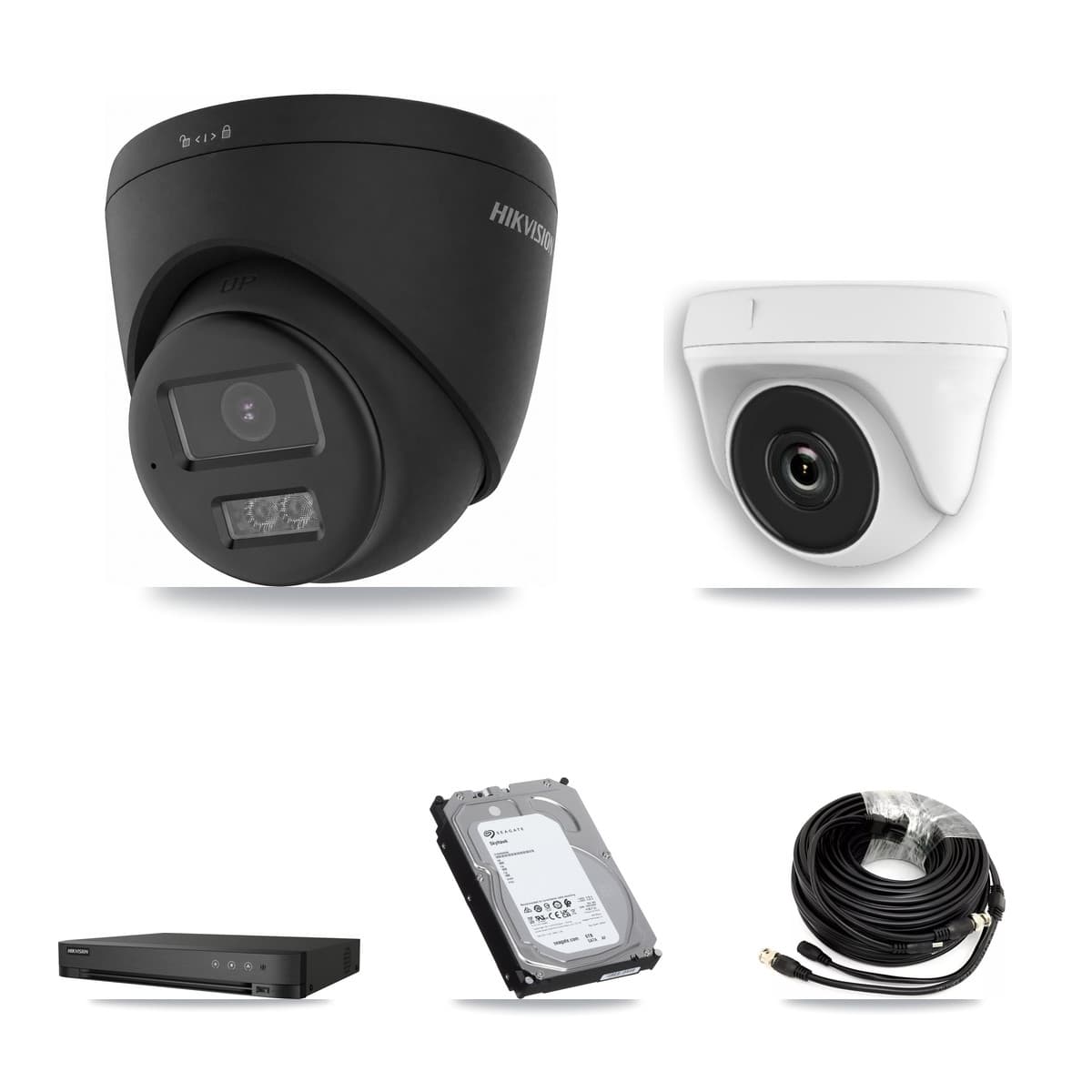 Hikvision 4-Channel 2MP – 4K CCTV Kit — 2 Black 4K Turret + 2 White 2MP Dome Cameras + 6TB Recording