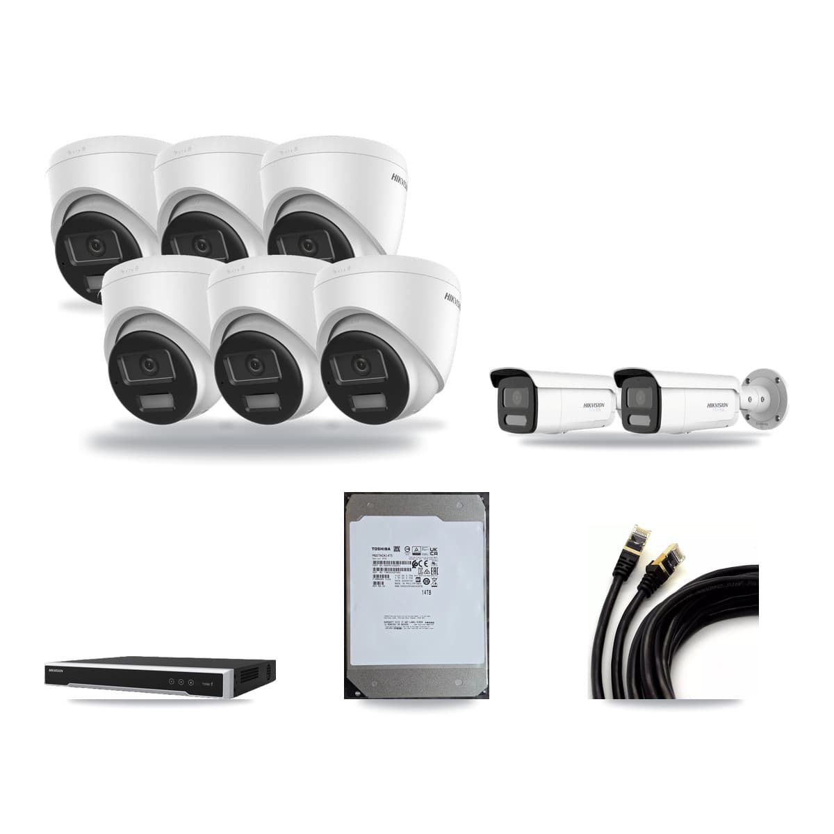 Hikvision 8-channel CCTV kit: 8 cameras (6× 4K Turret + 2× 4K Bullet), 14TB hard drive