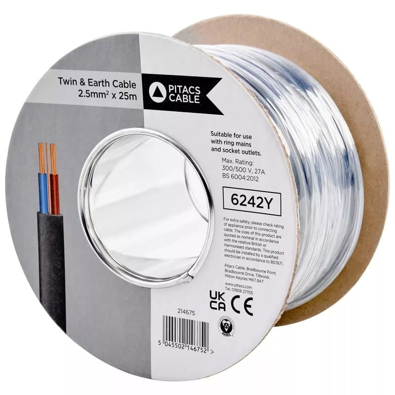 2.5mm Twin and Earth Cable - Lighting, Socket & Cooker Wiring (T&E Grey UK)
