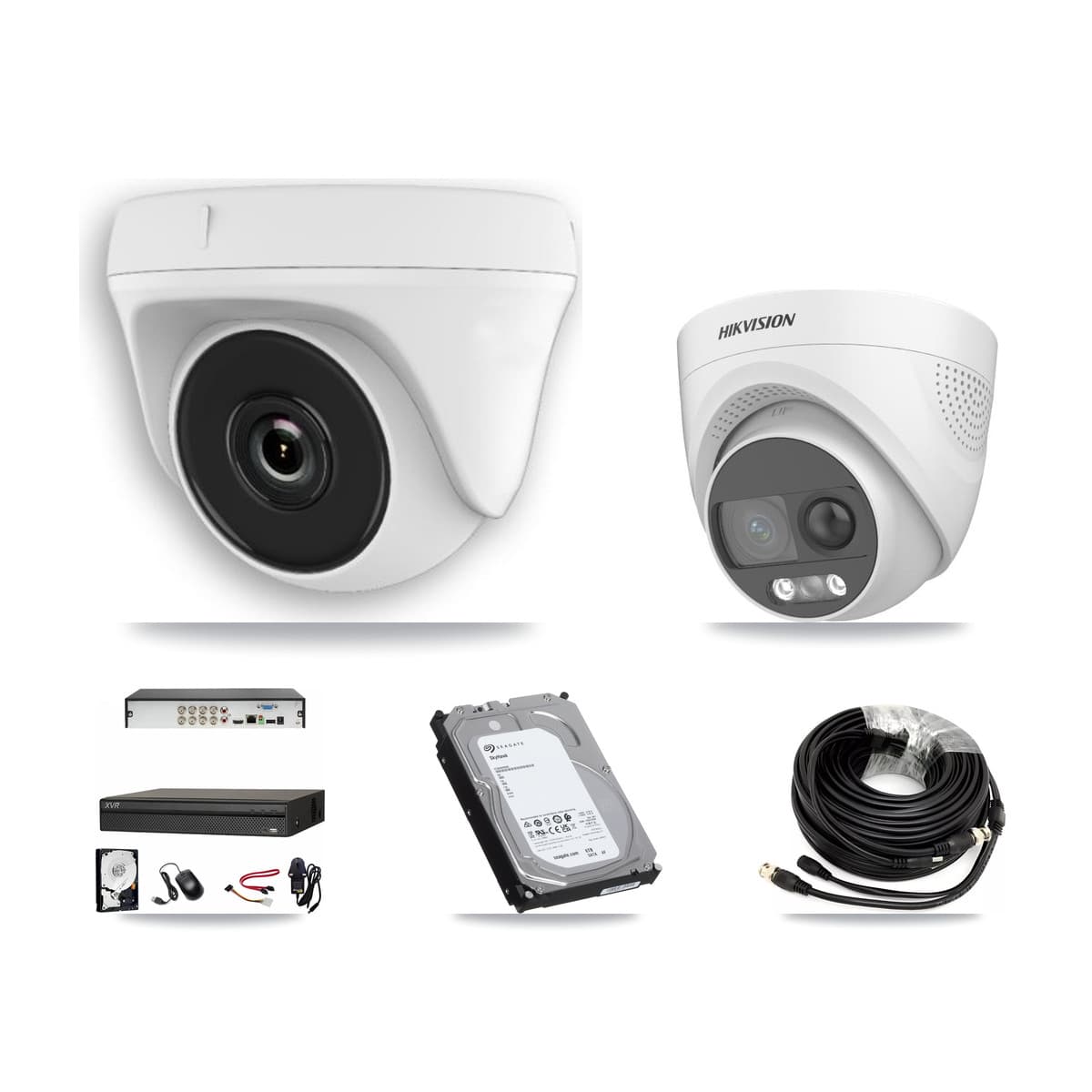 Hikvision & Dahua 8-Channel 2MP – 5MP CCTV Kit — 1 DS-2CE72KF3T 5MP Turret + 5 White HDT-2MP-N20W 2MP Dome Cameras + 6TB Recording