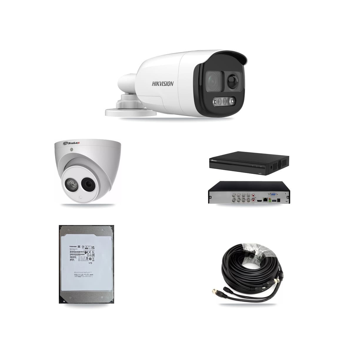Hikvision & Prolux 8-Channel 4MP – 5MP CCTV Kit — 7 DS-2CE12KF3T 5MP Bullet + 1 PXC-612C4W-A 4MP Turret Cameras + 14TB Recording