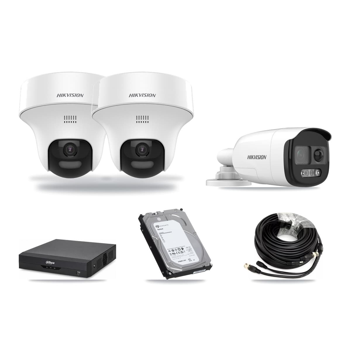 Hikvision & Dahua 4-Channel 5MP CCTV Kit — 1 DS-2CE12KF3T Bullet + 2 DS-2CE70K0T Turret Cameras + 6TB Recording - Image 1