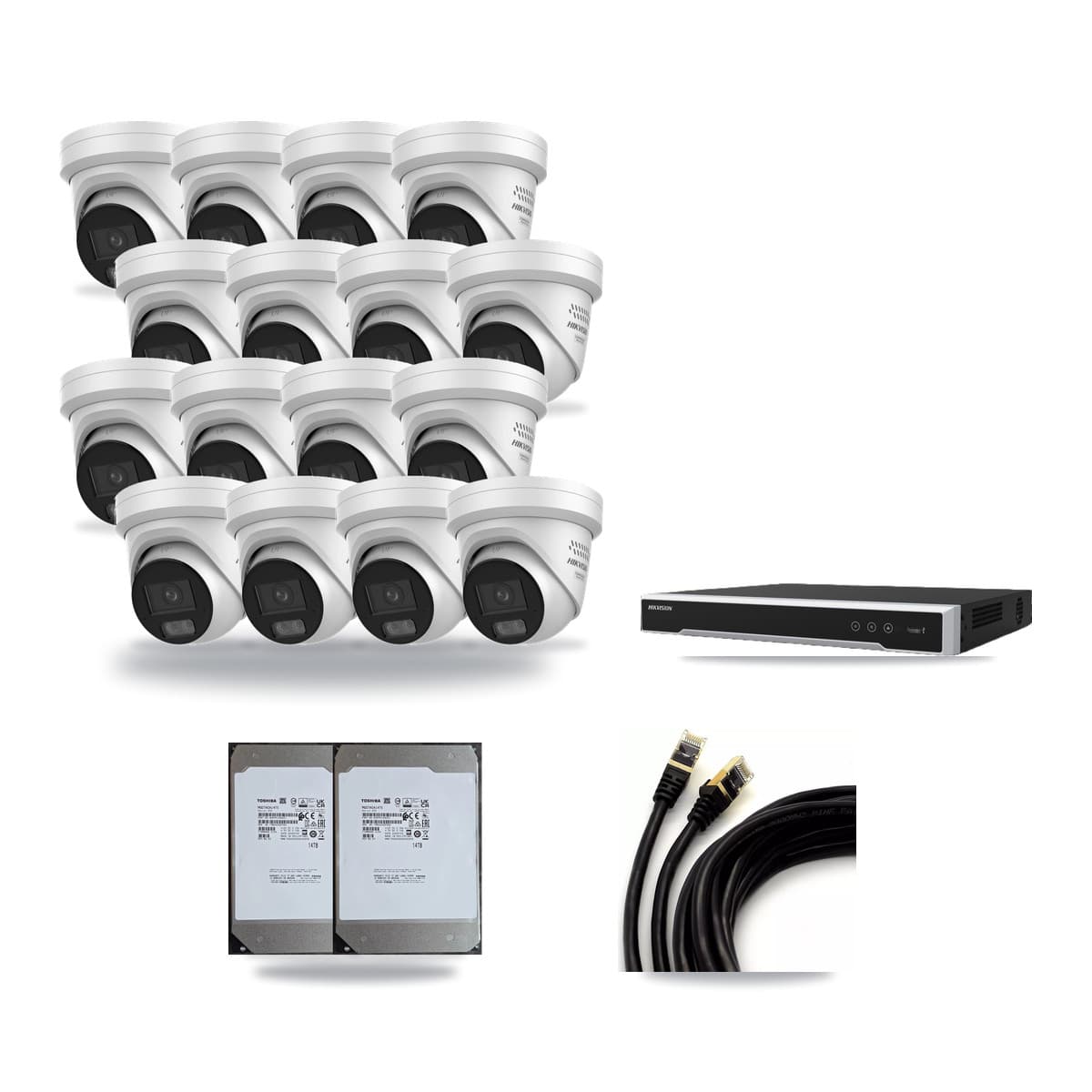 Hikvision 16-Channel 4MP CCTV Kit — 16 DS-2CD2347G3 Turret Cameras + 2× 14TB Recording (DS-7616NI-M2 Recorder) - Image 1