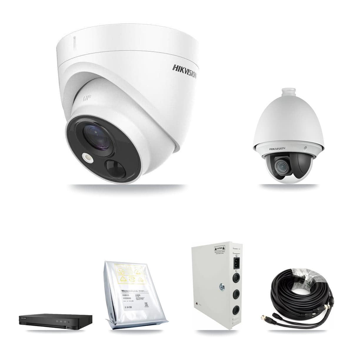 Hikvision 8-Channel 2MP – 5MP CCTV Kit — 1 DS-2AE4225T 2MP PTZ + 5 DS-2CE71H0T 5MP Turret Cameras + 8TB Recording (IDS-7208HQHI Recorder)