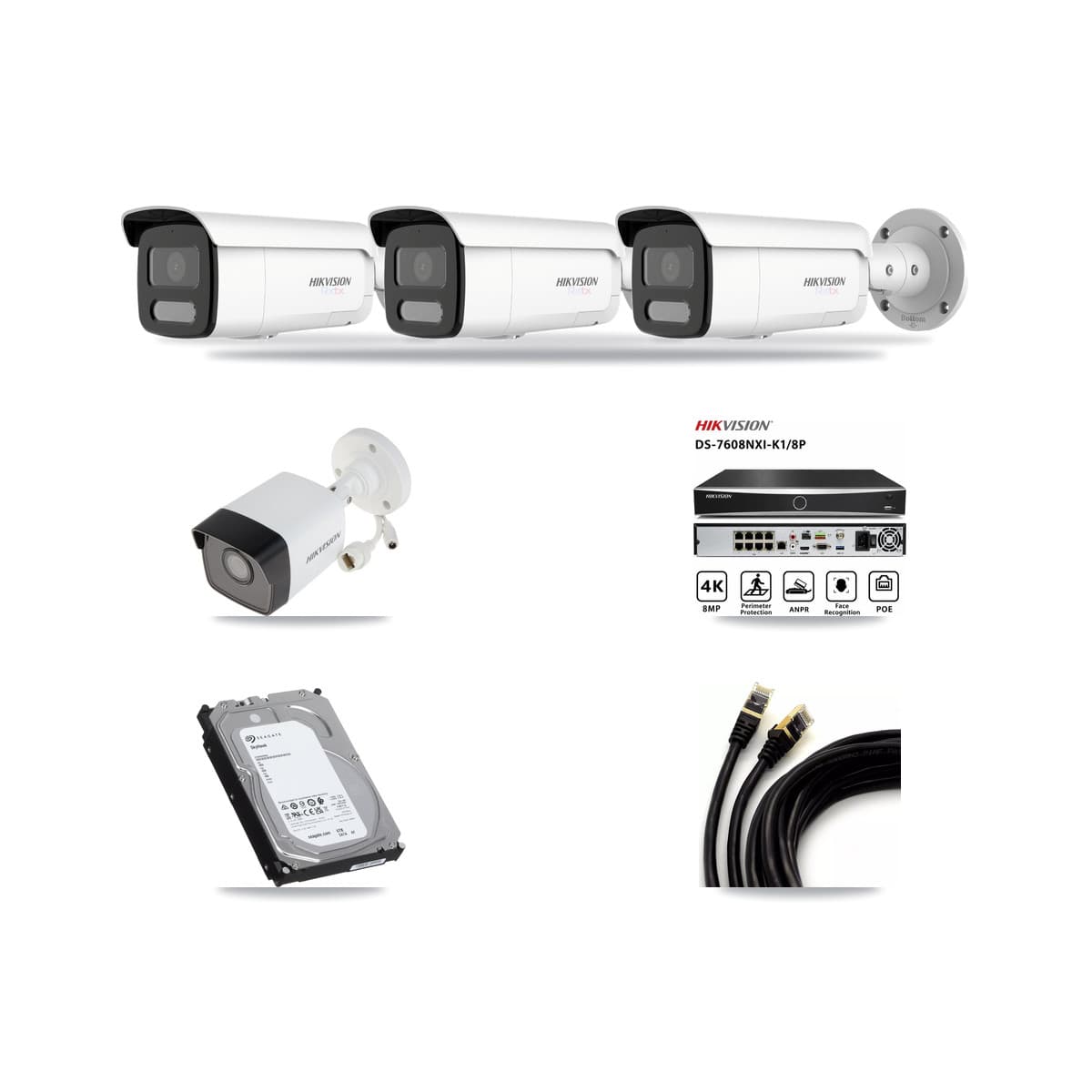 Hikvision 8-Channel 5MP – 4K CCTV Kit — 1 5MP + 3 White 4K Bullet Cameras + 6TB Recording (DS-7608NXI Recorder) - Image 1