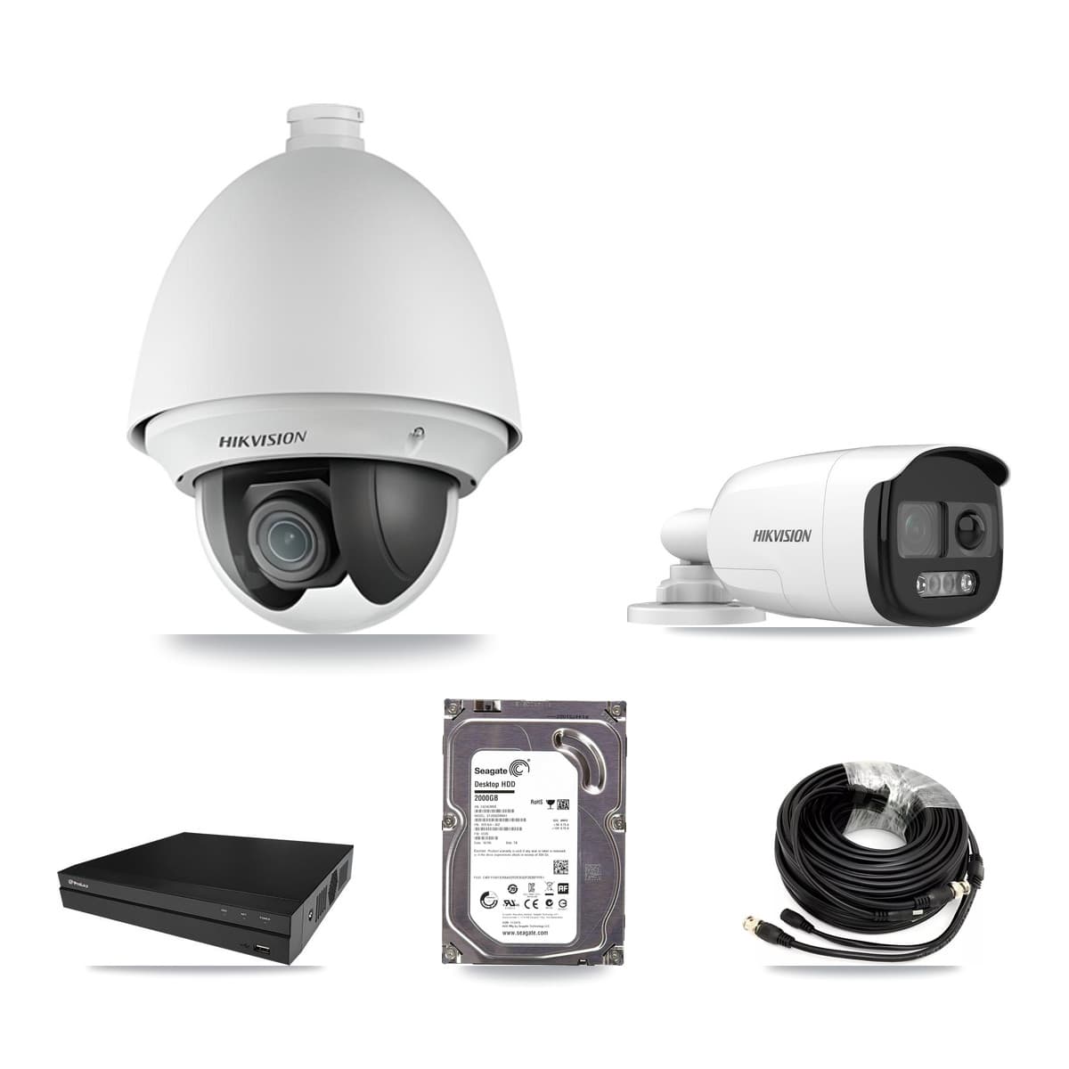 Hikvision & Prolux 8-Channel 2MP – 5MP CCTV Kit — 1 DS-2AE4225T 2MP PTZ + 1 DS-2CE12KF3T 5MP Bullet Cameras + 2TB Recording (PXD-5208AN Recorder)