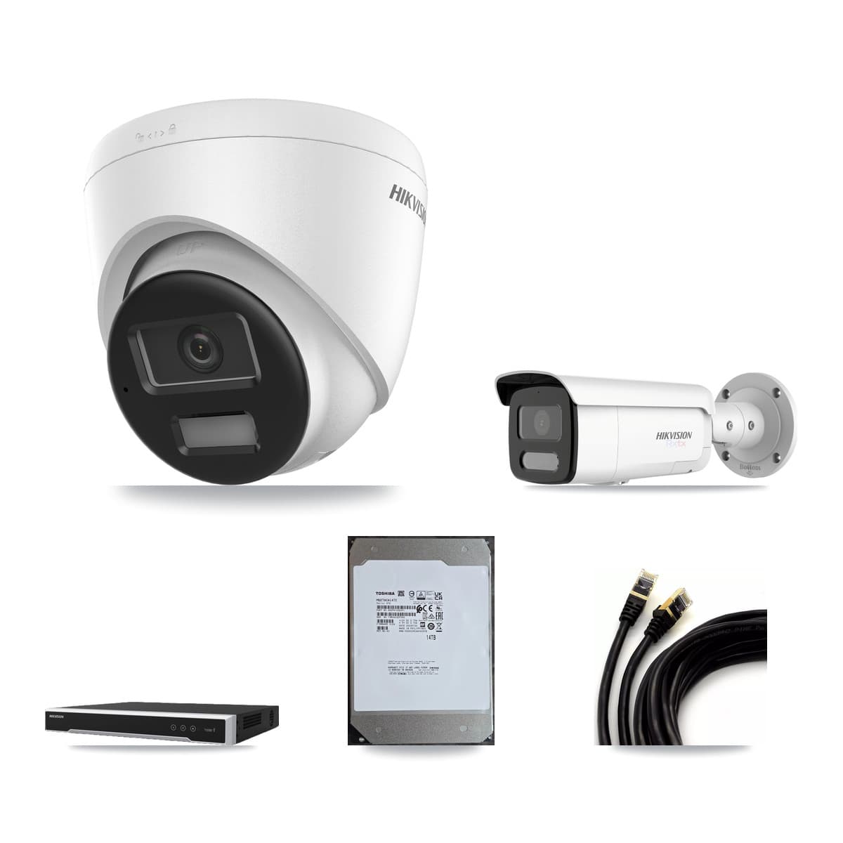 Hikvision 8-Channel 4K CCTV Kit — 7 Turret + 1 Bullet Cameras + 2× 14TB Recording