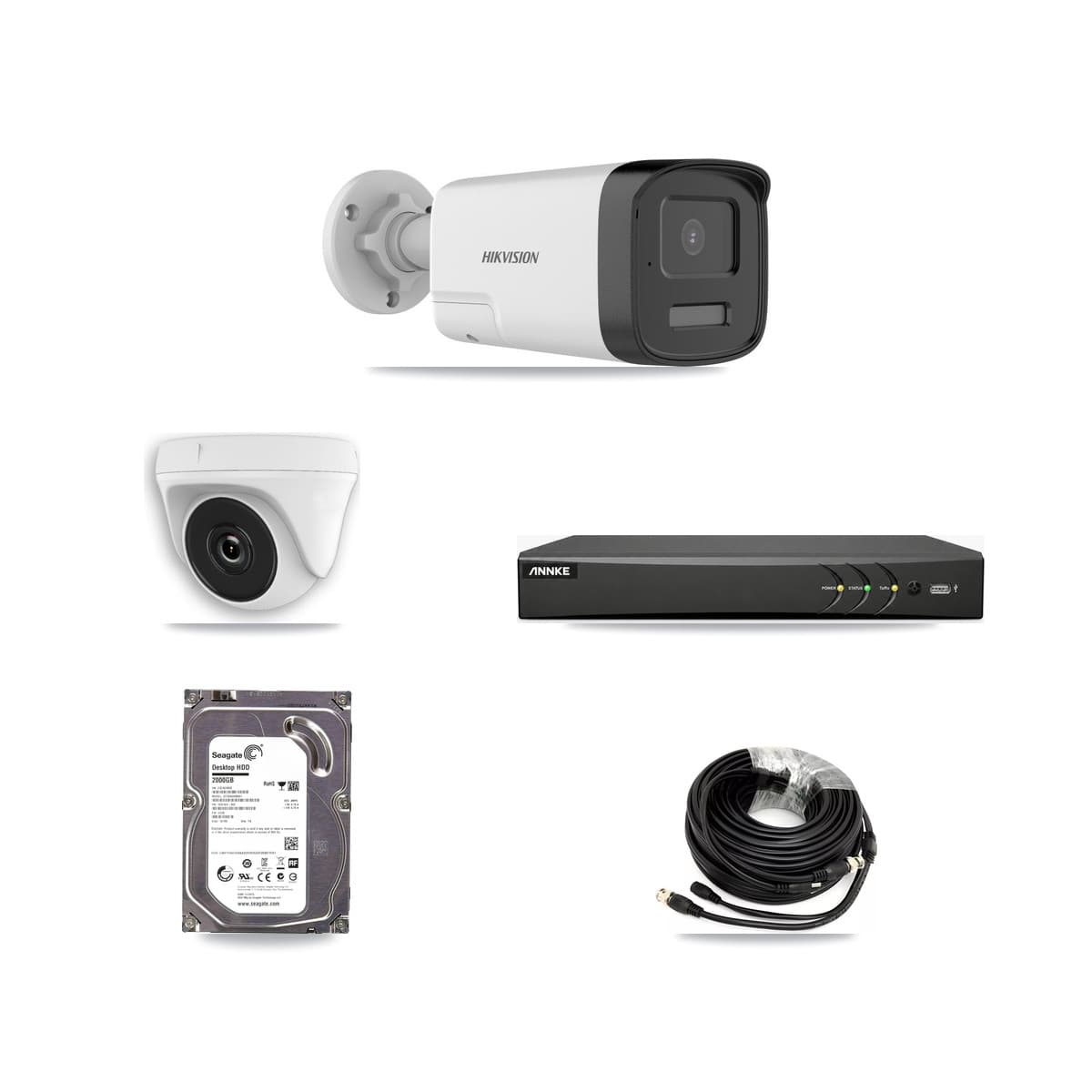 Hikvision & ANNKE 4-Channel 2MP – 5MP CCTV Kit — 1 DS-2CE17K0T 5MP Bullet + 1 White HDT-2MP-N20W 2MP Dome Cameras + 2TB Recording