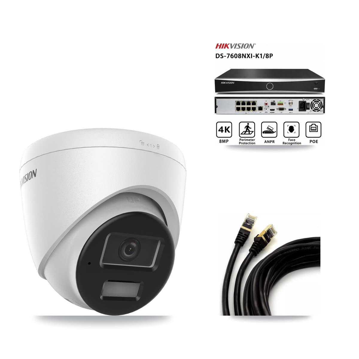 Hikvision 8-Channel 4MP CCTV Kit — 2 DS-2CD1343G2 Turret Cameras + 3TB Recording (DS-7608NXI Recorder)
