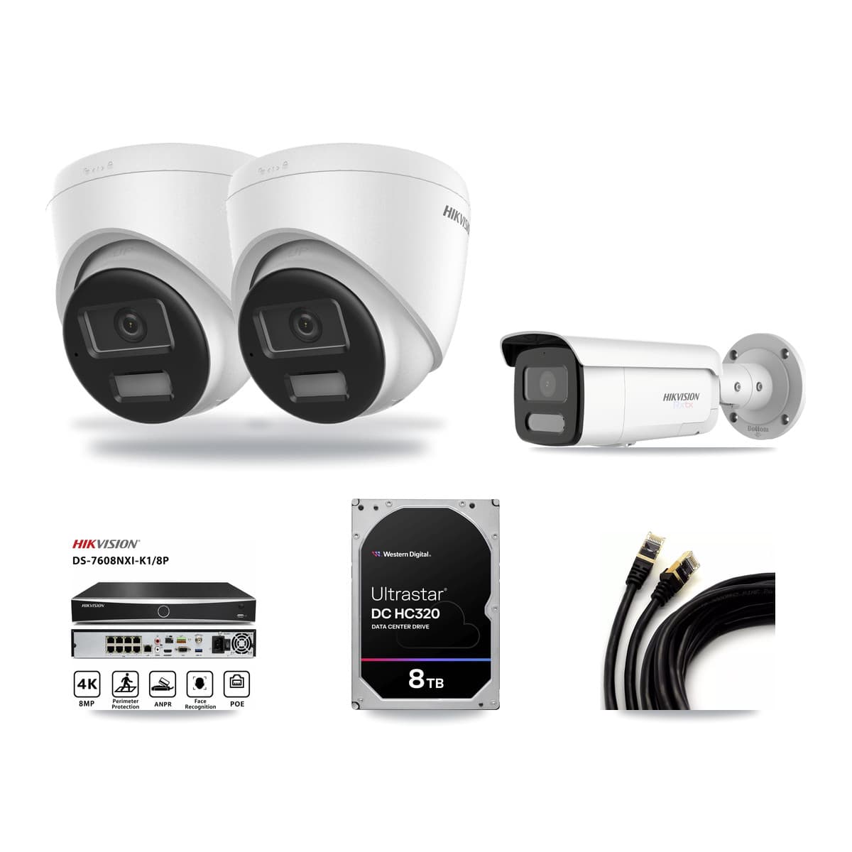 Hikvision 8-Channel 4K CCTV Kit — 2 DS-2CD1383G2-LIUF/SL Turret + 1 White DS-2CD2T87G2H-LISU/SL-2.8MM-W Bullet Cameras + 8TB Recording (DS-7608NXI-K1/8P Recorder) - Image 1
