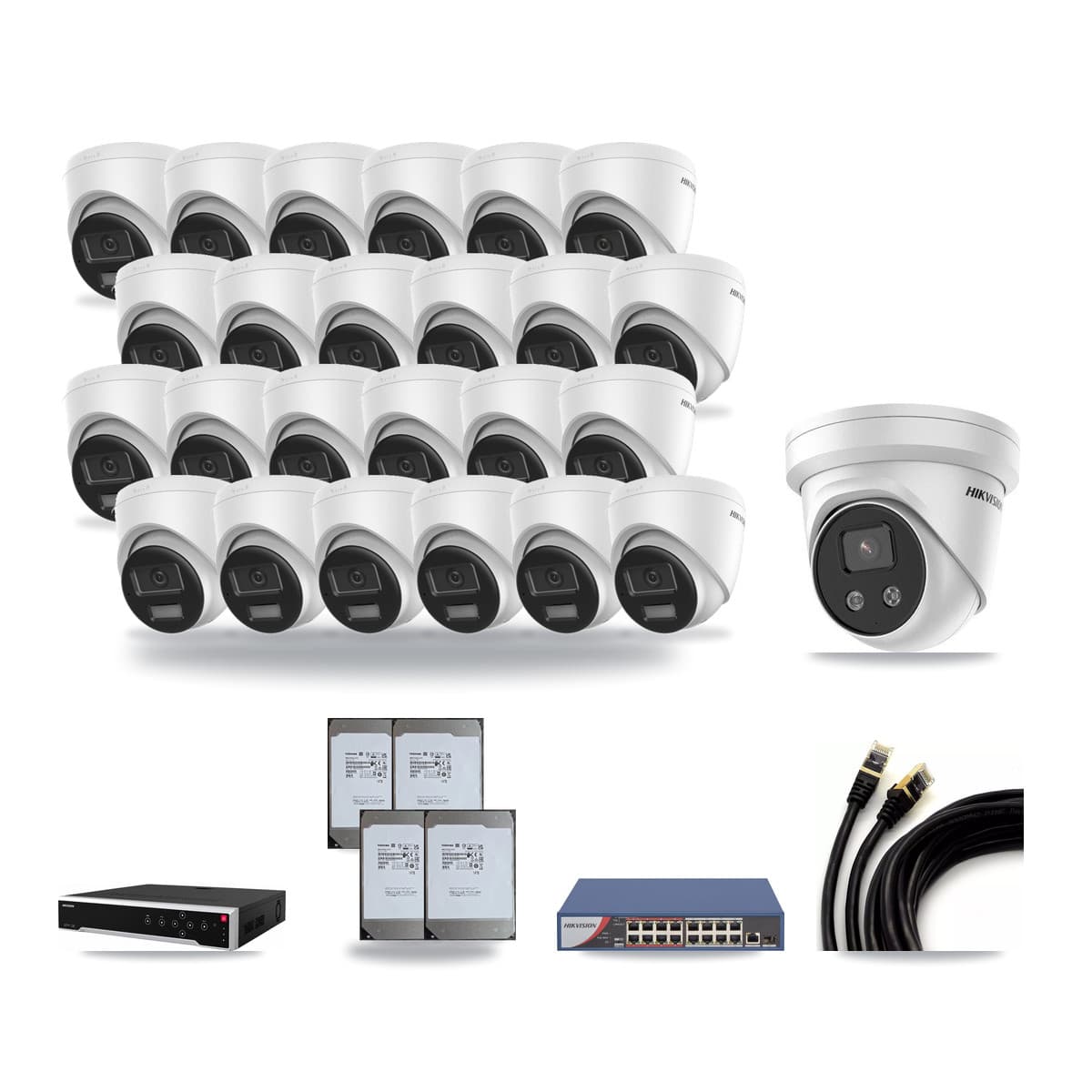 Hikvision 32-Channel 5MP – 4K CCTV Kit — 24 DS-2CD1383G2-LIUF/SL 4K + 1 DS-2CD3356G2-ISU 5MP Turret Cameras + 4× 14TB Recording (DS-7732NI-M4/24P Recorder) - Image 1