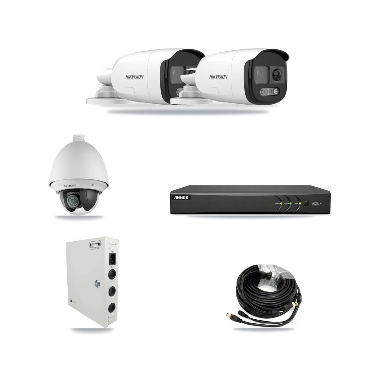 Hikvision & ANNKE 4-Channel 2MP – 5MP CCTV Kit — 1 DS-2AE4225T 2MP PTZ + 2 DS-2CE12KF3T 5MP Bullet Cameras + 3TB Recording - Image 1