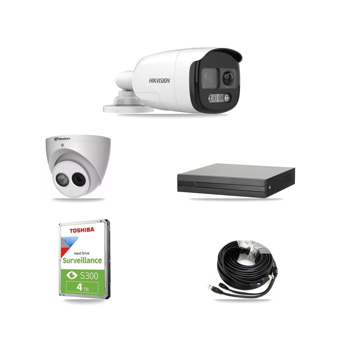 Hikvision & Prolux 4-Channel 4MP – 5MP CCTV Kit — 2 DS-2CE12KF3T 5MP Bullet + 1 PXC-612C4W-A 4MP Turret Cameras + 4TB Recording (XVR-3104HS Recorder)