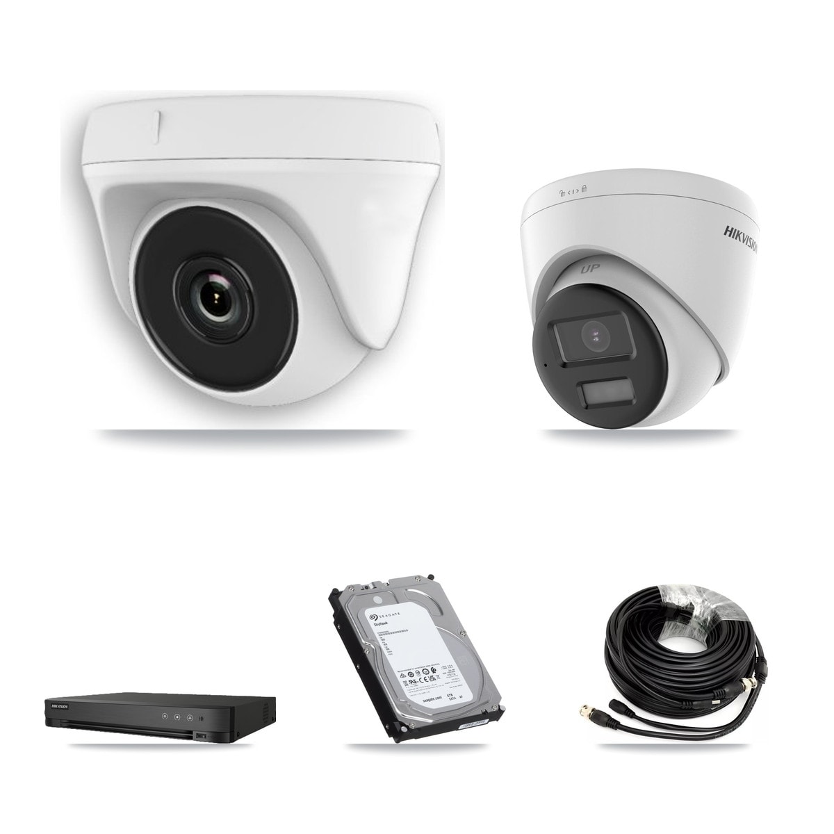 Hikvision 8-Channel 2MP – 5MP CCTV Kit — 2 DS-2CE78K0T 5MP Turret + 4 White HDT-2MP-N20W 2MP Dome Cameras + 6TB Recording (IDS-7208HQHI Recorder) - Image 1