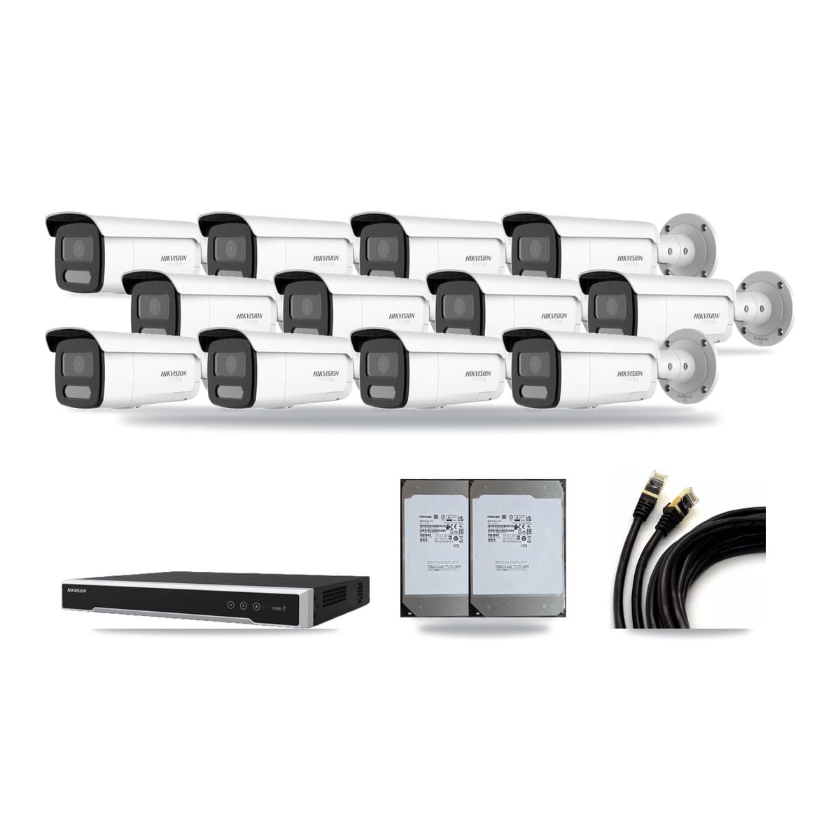 Hikvision 16-Channel 4K CCTV Kit — 12 White Bullet Cameras + 2× 14TB Recording (DS-7616NI-M2 Recorder) - Image 1