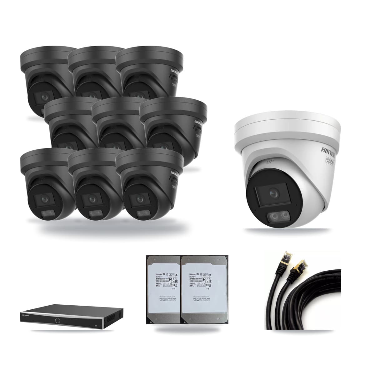 Hikvision 16-Channel 4K CCTV Kit — 1 + 9 Black Turret Cameras + 2× 14TB Recording (DS-7616NXI Recorder) - Image 1