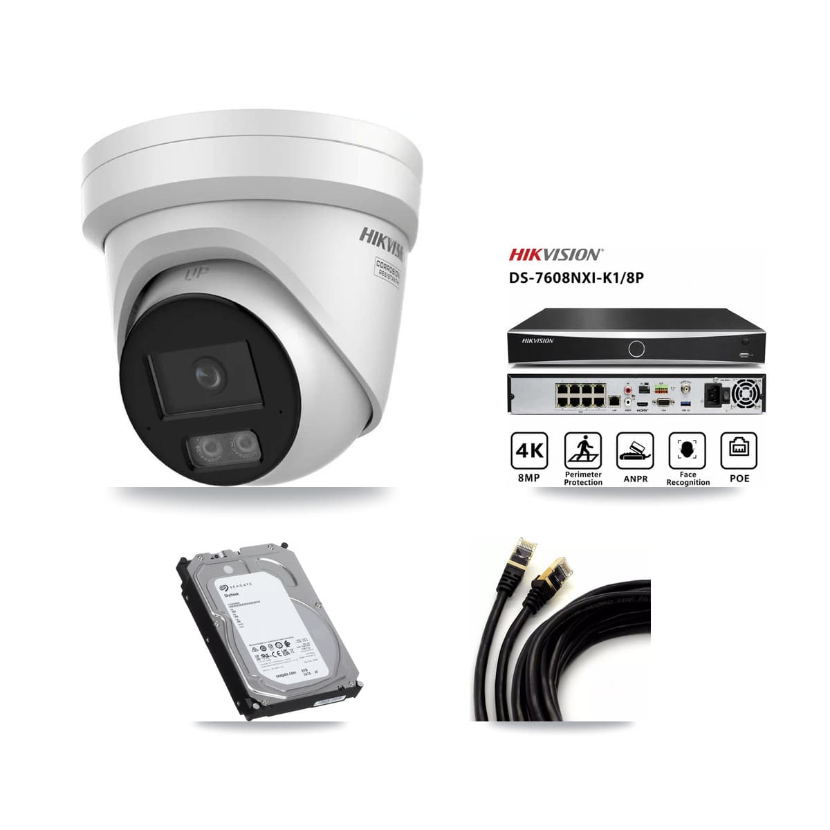 Hikvision 8-Channel 4K CCTV Kit — 4 Turret Cameras + 6TB Recording (DS-7608NXI Recorder)