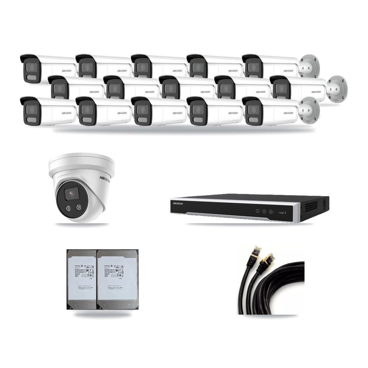 Hikvision 16-Channel 4MP – 5MP CCTV Kit — 15 4MP Bullet + 1 5MP Turret Cameras + 2× 14TB Recording (DS-7616NI-M2 Recorder) - Image 1