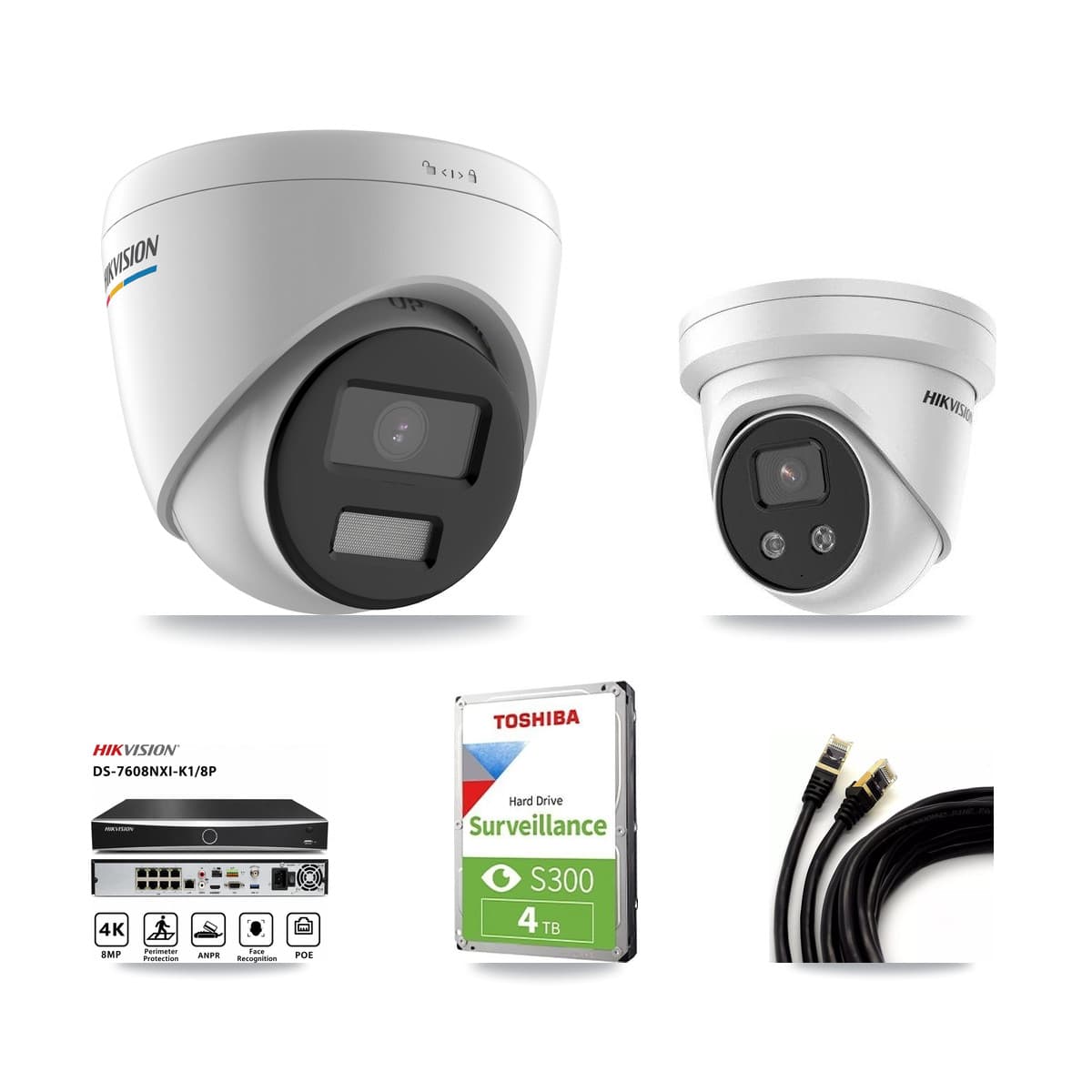 Hikvision 8-Channel 2MP – 5MP CCTV Kit — 2 2MP + 2 5MP Turret Cameras + 4TB Recording (DS-7608NXI Recorder)