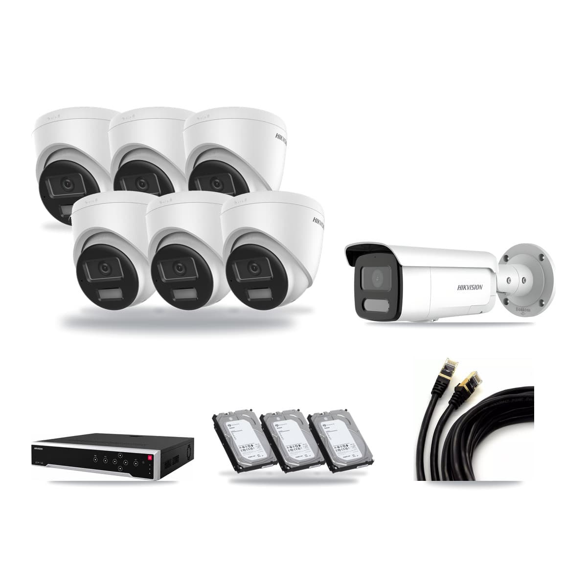 Hikvision 32-Channel 4MP – 4K CCTV Kit — 6 DS-2CD1383G2-LIU 4K Turret + 1 DS-2CD2T47G2H-LISU/SL 4MP Bullet Cameras + 3× 6TB Recording (DS-7732NI-M4/24P Recorder) - Image 1