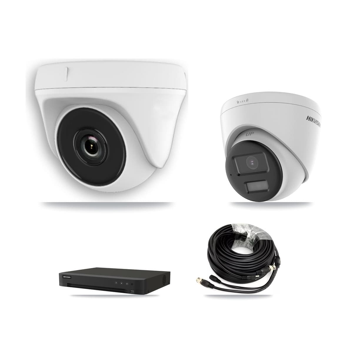 Hikvision 8-Channel 2MP – 4K CCTV Kit — 2 DS-2CE78U0T-LPTS 4K Turret + 4 White HDT-2MP-N20W-2.8MM 2MP Dome Cameras + 8TB Recording (IDS-7208HUHI-M1/XT Recorder)