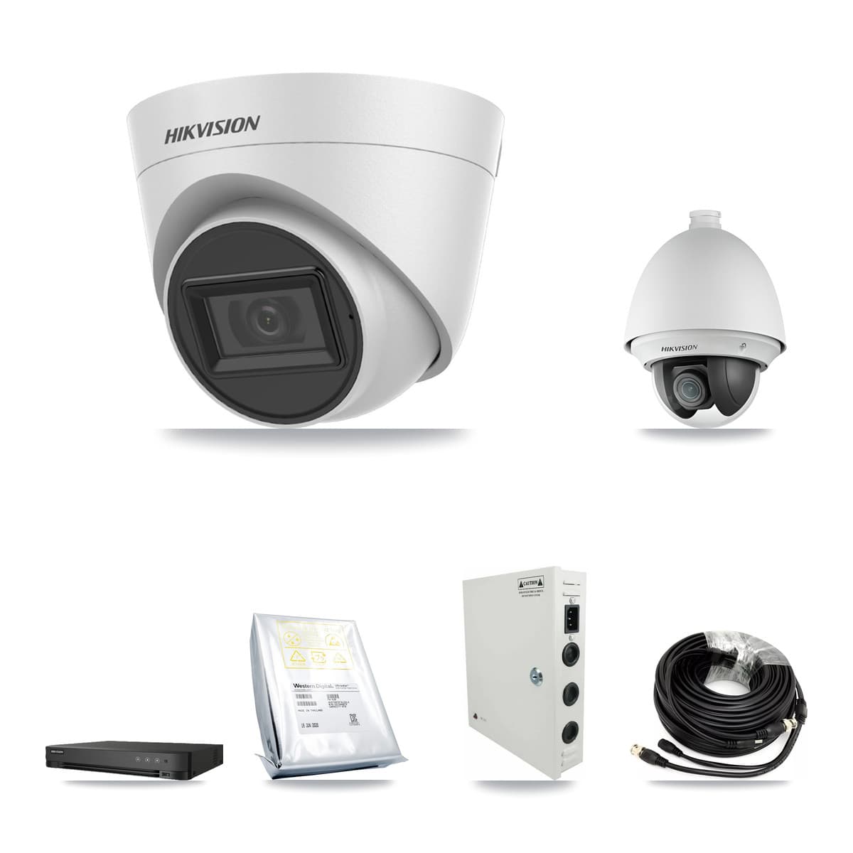 Hikvision 8-Channel 2MP – 5MP CCTV Kit — 1 2MP PTZ + 5 White 5MP Turret Cameras + 8TB Recording (IDS-7208HQHI Recorder)