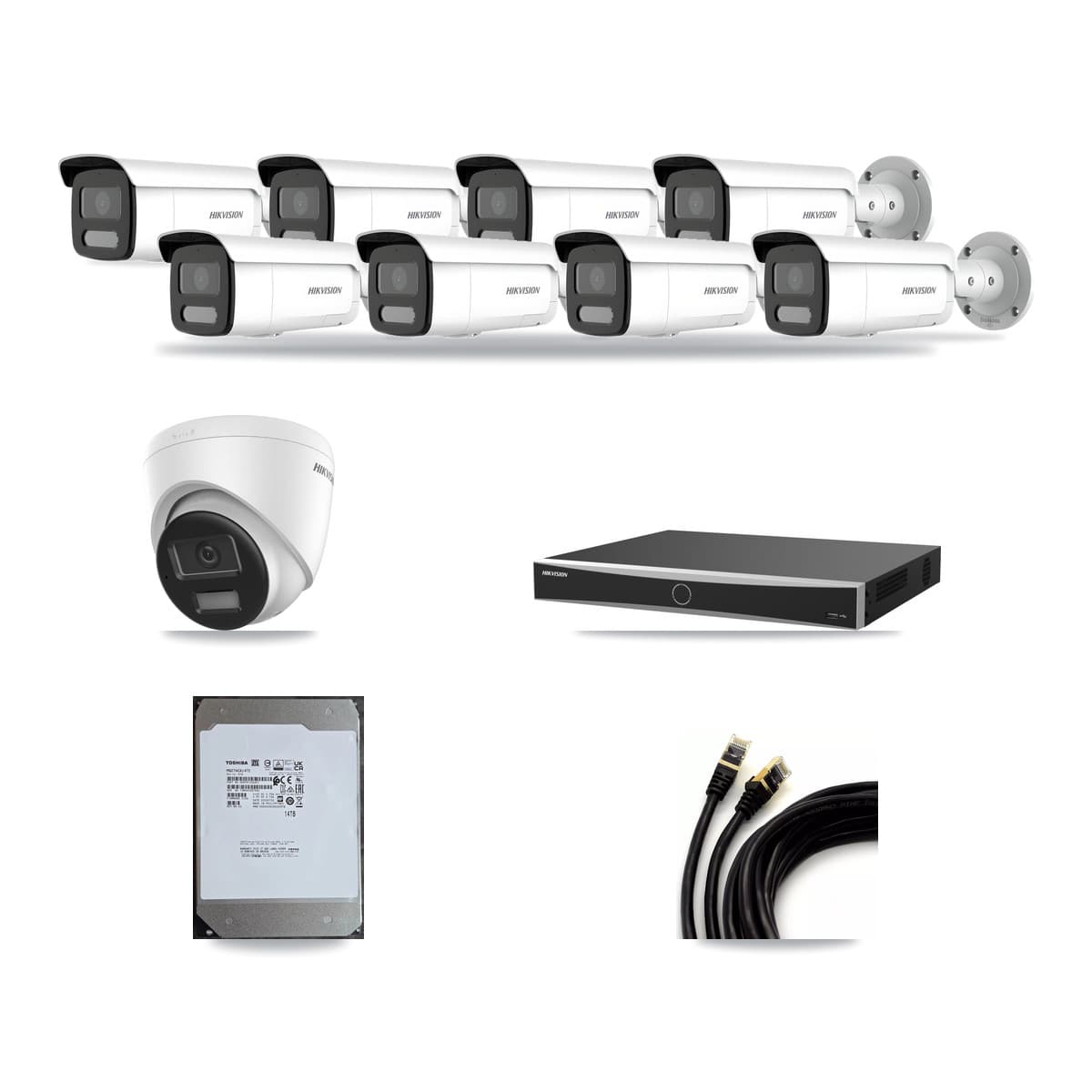 Hikvision 16-channel CCTV kit: 9 cameras (8× 4MP Bullet + 1× 4K Turret), 14TB hard drive