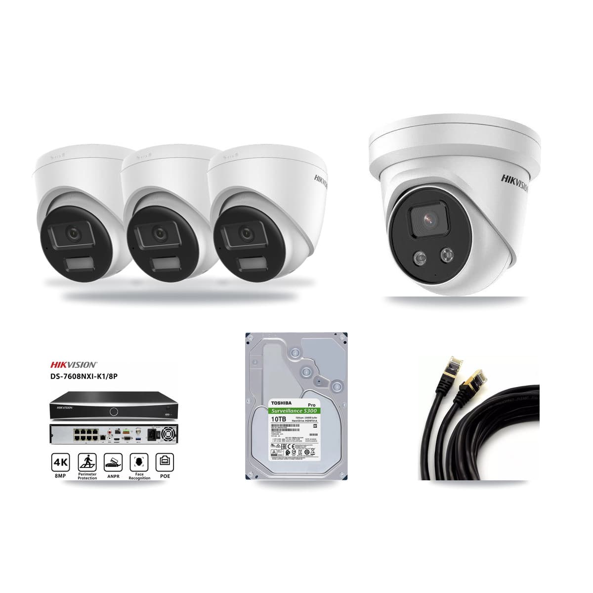 Hikvision 8-Channel 5MP – 4K CCTV Kit — 3 DS-2CD1383G2-LIU 4K + 1 DS-2CD3356G2-ISU 5MP Turret Cameras + 10TB Recording (DS-7608NXI-K1/8P Recorder) - Image 1