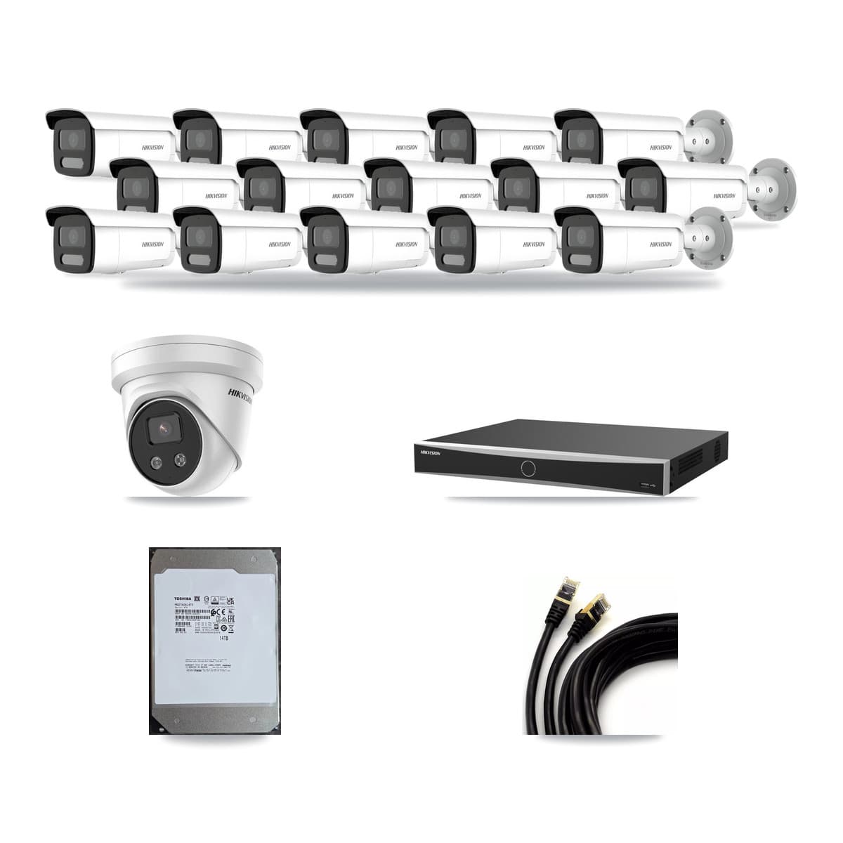 Hikvision 16-Channel 4MP – 5MP CCTV Kit — 15 4MP Bullet + 1 5MP Turret Cameras + 14TB Recording (DS-7616NXI Recorder) - Image 1