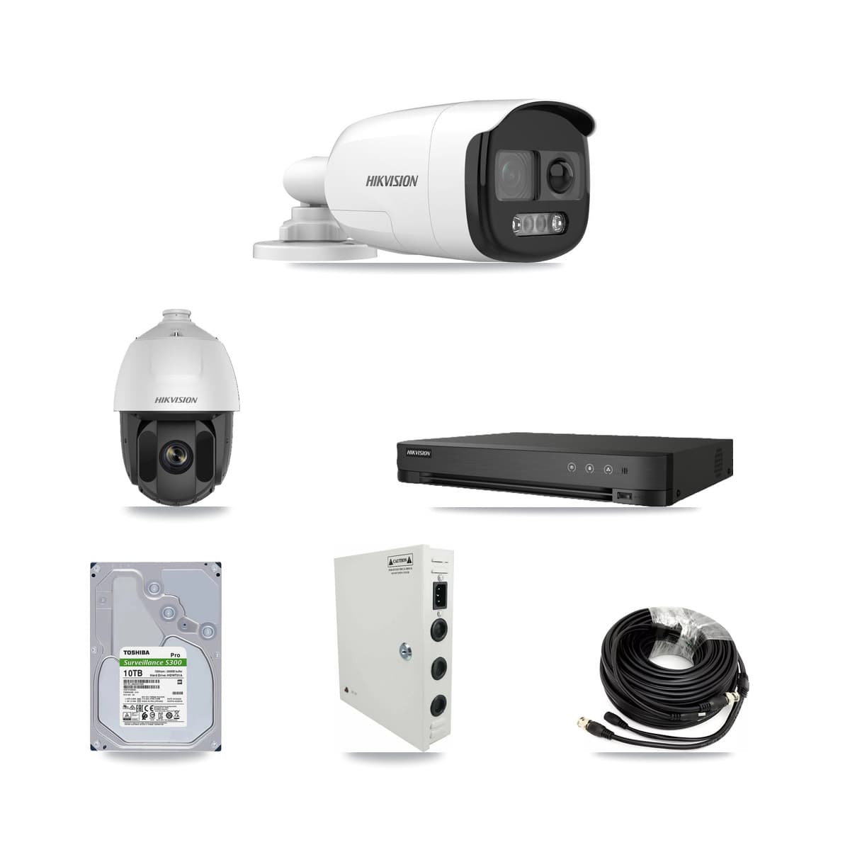 Hikvision 8-Channel 2MP – 5MP CCTV Kit — 1 DS-2AE5225TI 2MP PTZ + 7 DS-2CE12KF3T 5MP Bullet Cameras + 10TB Recording (IDS-7208HQHI Recorder)