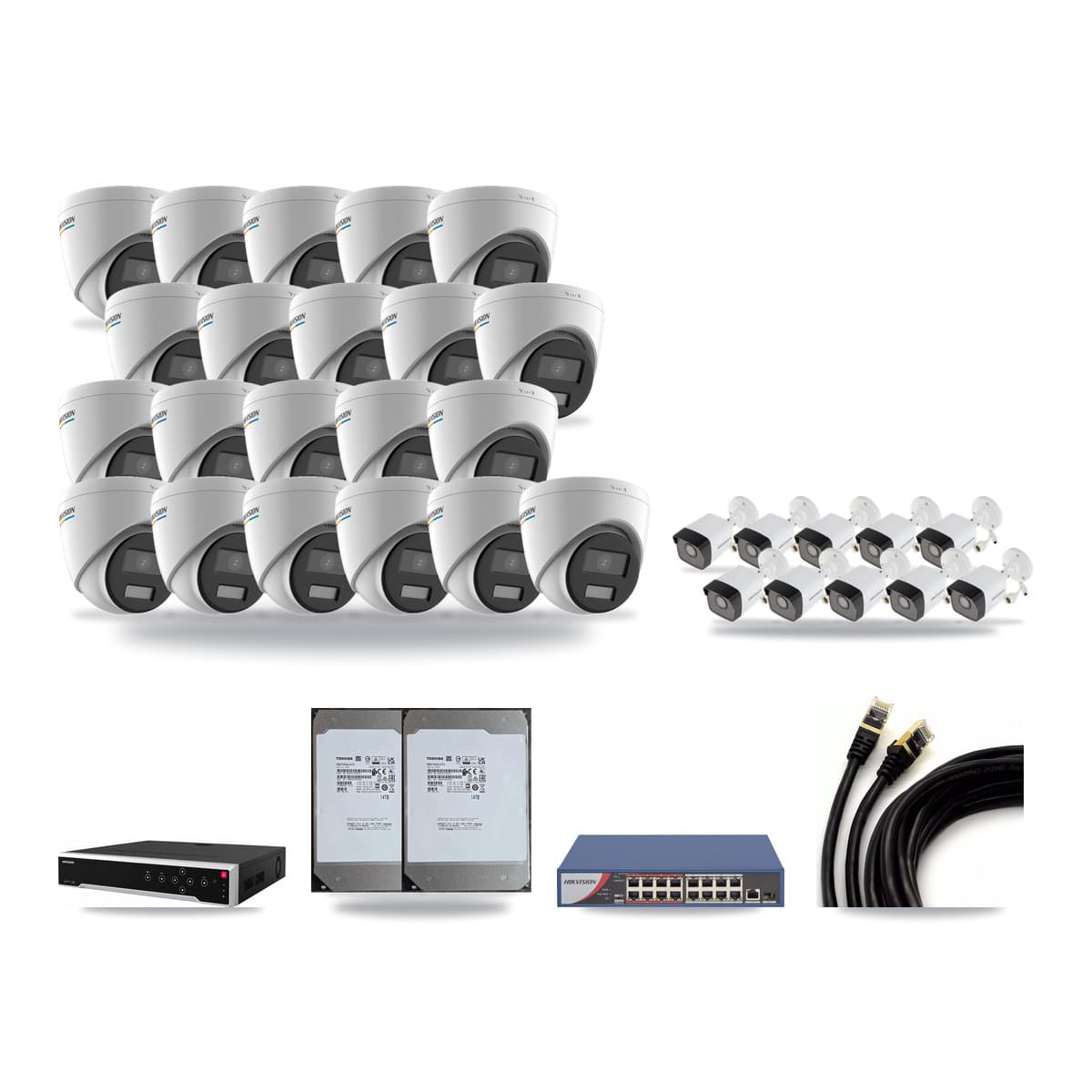 Hikvision 32-Channel 2MP – 5MP CCTV Kit — 10 5MP Bullet + 21 2MP Turret Cameras + 2× 14TB Recording - Image 1