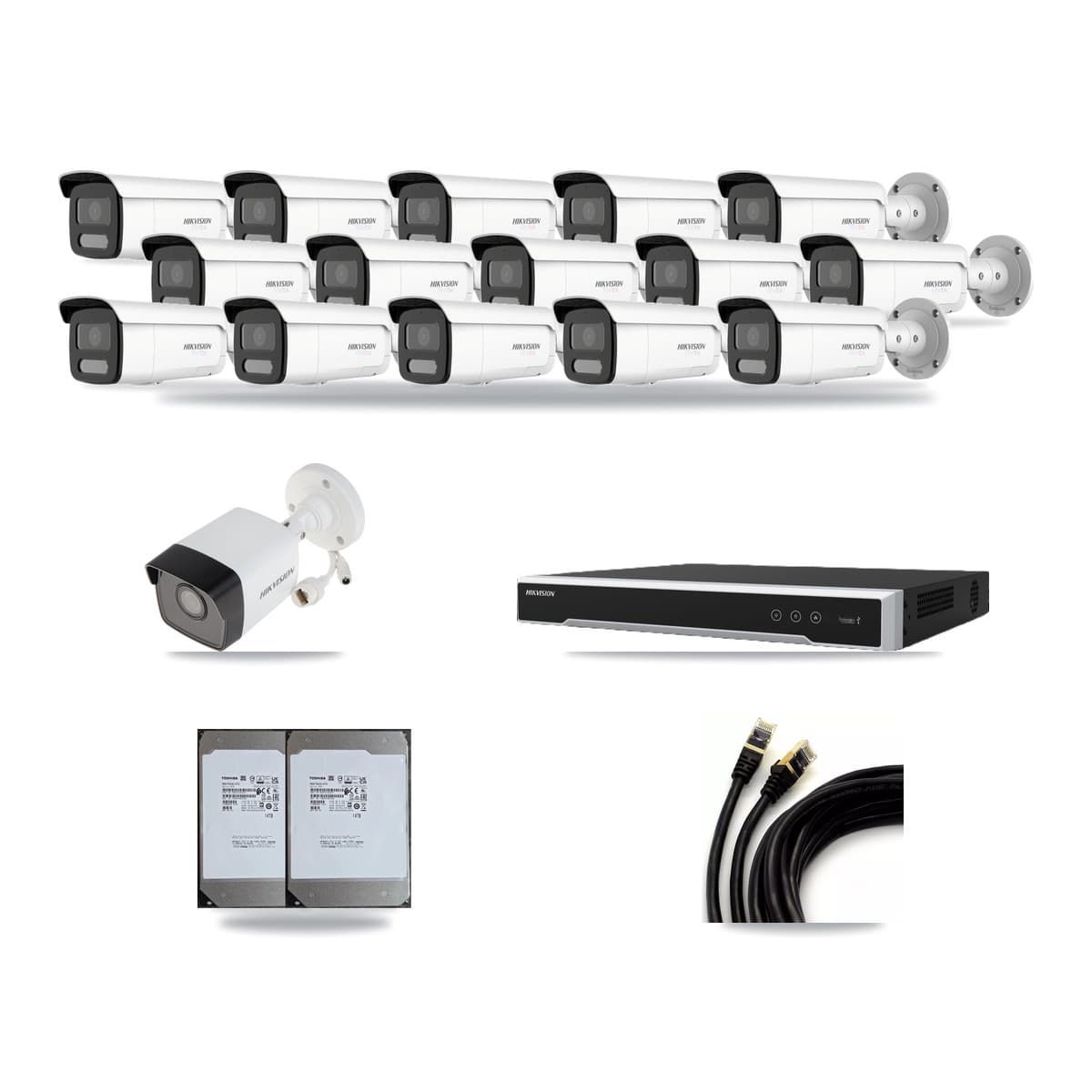Hikvision 16-Channel 5MP – 4K CCTV Kit — 1 5MP + 15 White 4K Bullet Cameras + 2× 14TB Recording (DS-7616NI-M2 Recorder) - Image 1