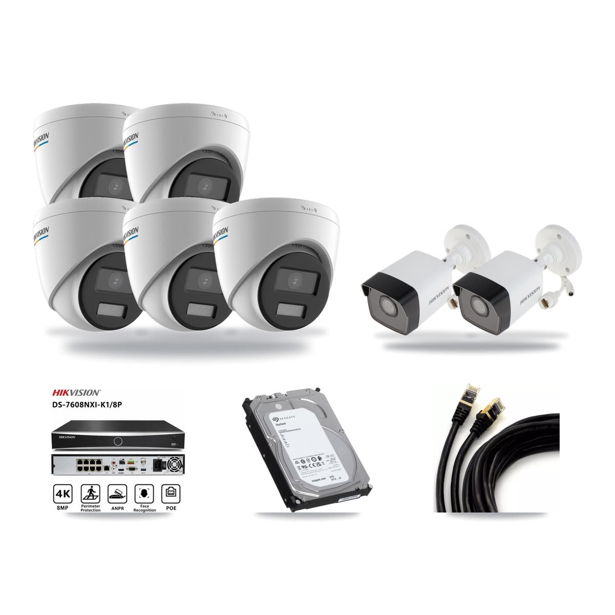 Hikvision 8-channel CCTV kit: 7 cameras (5× 2MP Turret + 2× 5MP Bullet), 6TB hard drive