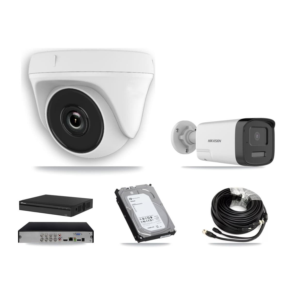 Hikvision & Prolux 8-Channel 2MP – 5MP CCTV Kit — 2 DS-2CE17K0T 5MP Bullet + 5 White HDT-2MP-N20W 2MP Dome Cameras + 6TB Recording (PXD-5108HS Recorder)